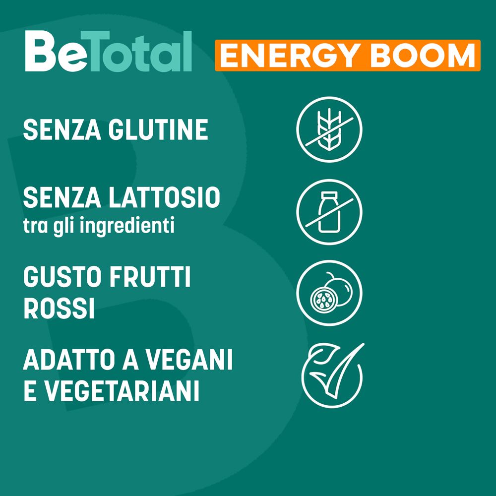 Testo: Senza glutine, senza lattosio, gusto frutti rossi, adatto a vegani e vegetariani. Simboli.