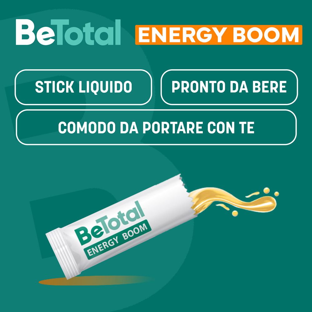 Stick Be-Total Energy Boom. Testo: Stick liquido, pronto da bere, comodo da portare con te. Contenuto giallo che esce.