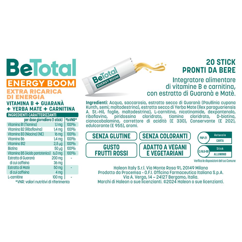 Be-Total Energy Boom. Testo: 20 stick, pronti da bere. Ingredienti, informazioni nutrizionali. Senza glutine, gusto frutti rossi.