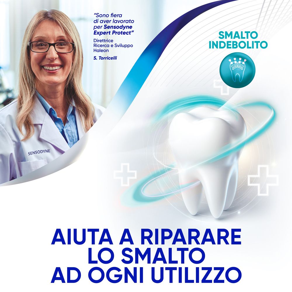 Donna con occhiali e camice da laboratorio. Modello di dente. Testo: Aiuta a riparare lo smalto ad ogni utilizzo.