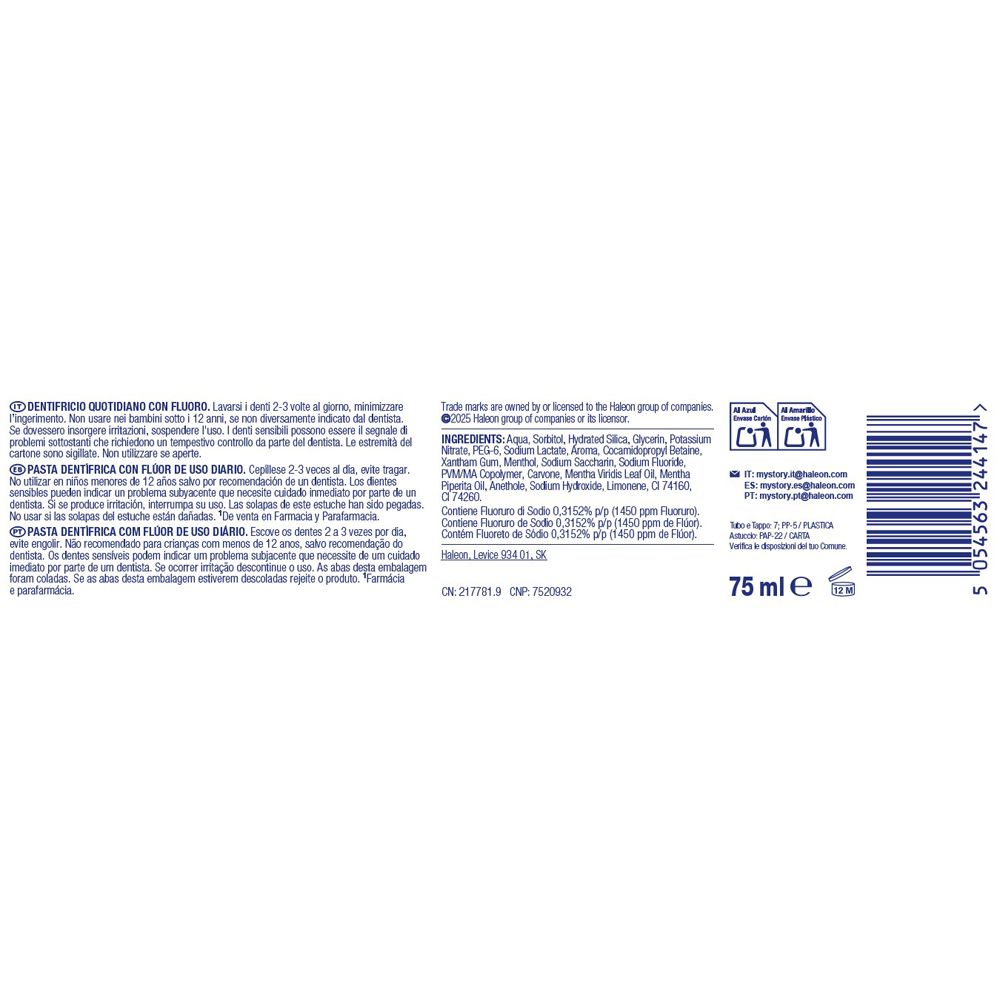 Retro del tubo di dentifricio. Testo e ingredienti. 75 ml.