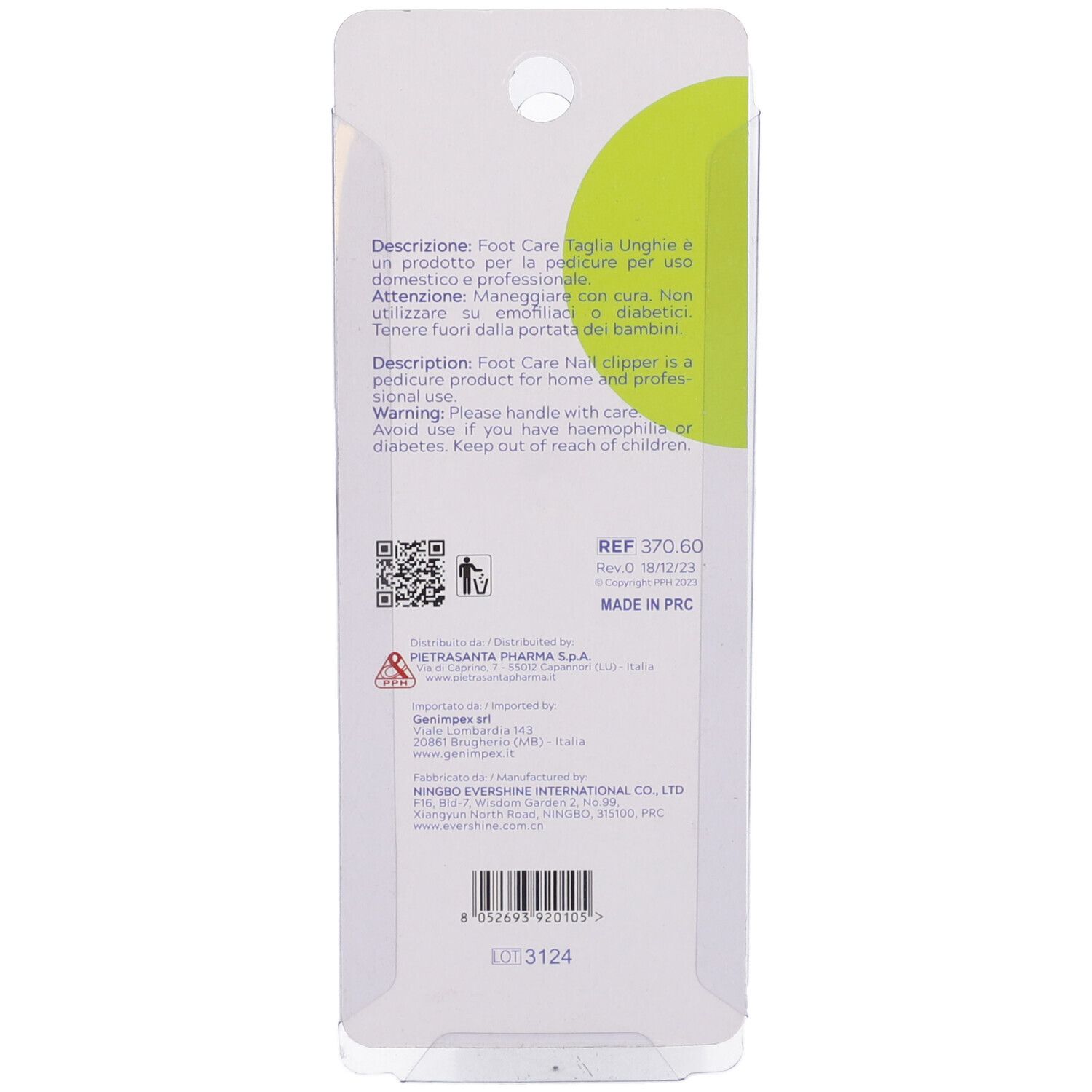 Retro confezione blister. Testo in italiano e inglese. Codice QR, numero di riferimento, luogo di produzione.