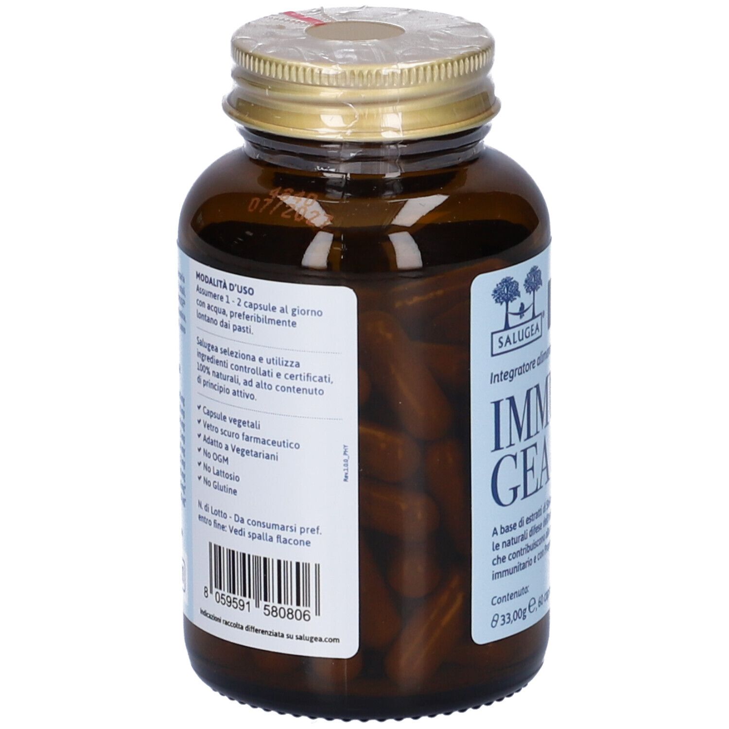 Retro del flacone del prodotto. Etichetta con ingredienti e istruzioni per il dosaggio.