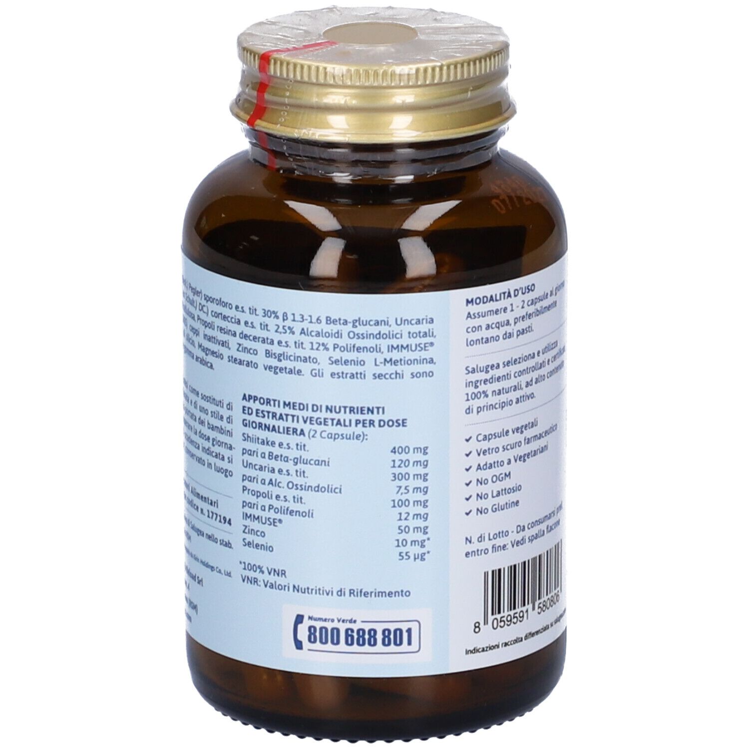 Retro del flacone del prodotto. Etichetta con ingredienti e istruzioni per il dosaggio.