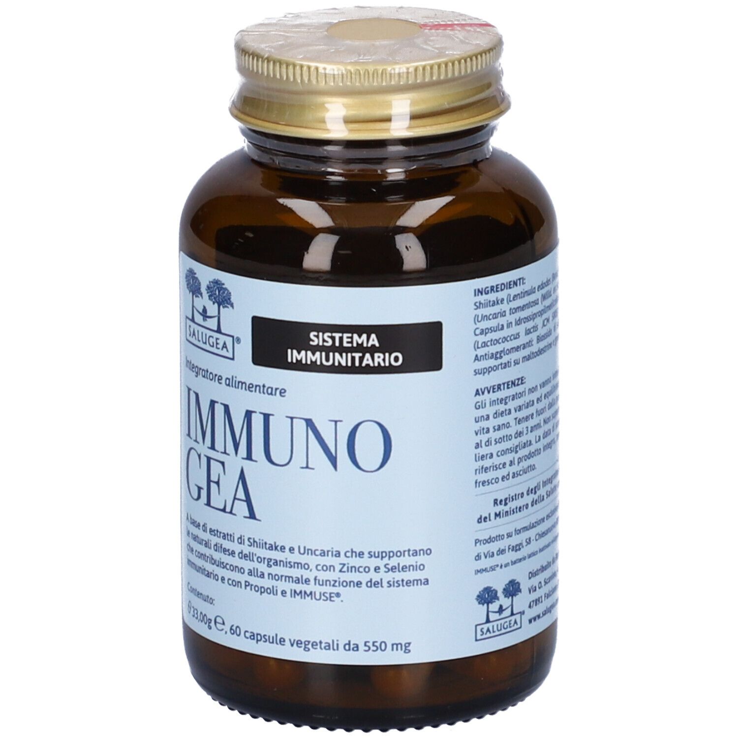 Flacone di vetro marrone con capsule. Etichetta con nome e logo del prodotto. Tappo dorato.