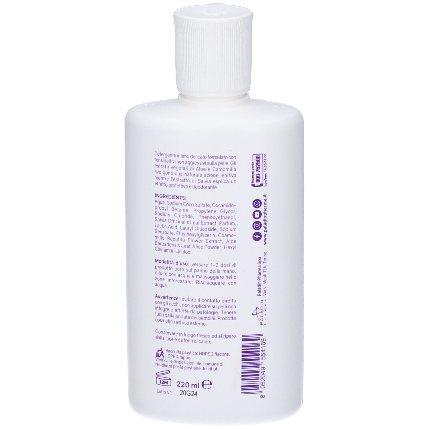 Retro di un flacone bianco. Testo in italiano e scritta viola.