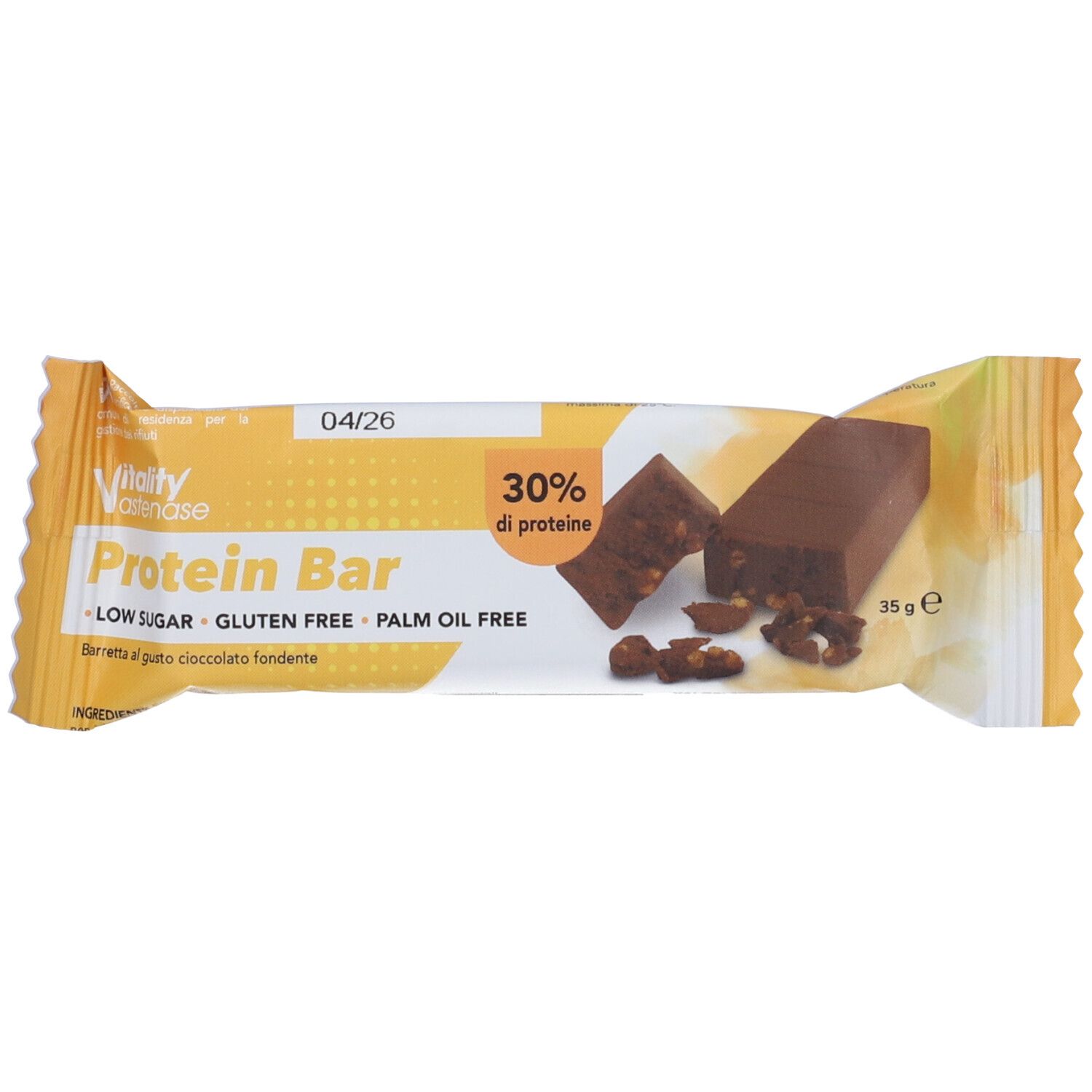 Barretta proteica in confezione gialla. Scritta: Vitality Astenase Protein Bar. 30% proteine, senza glutine, senza olio di palma. 35g.