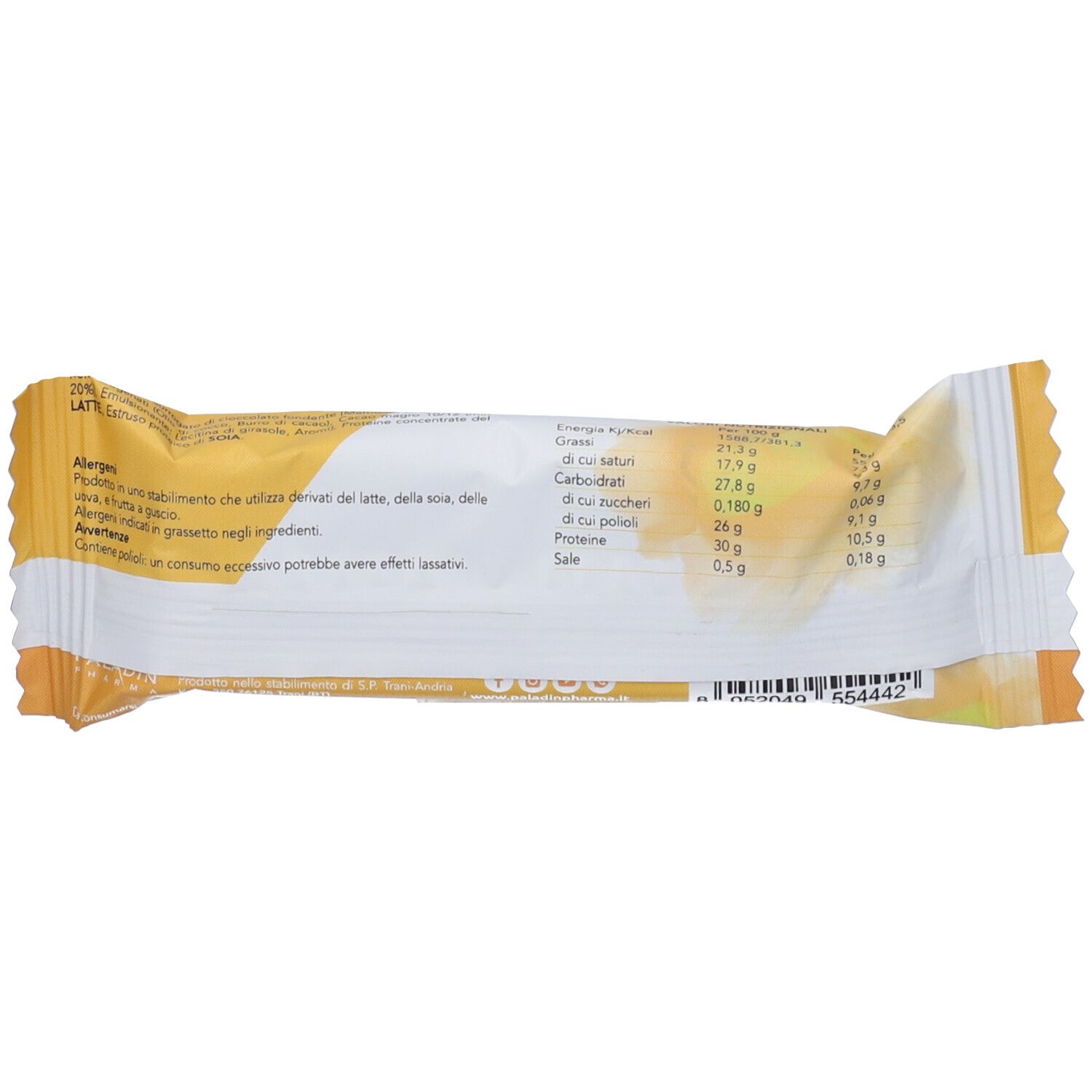 Retro della confezione della barretta proteica. Sfondo giallo con informazioni nutrizionali e lista ingredienti. Codice a barre visibile.