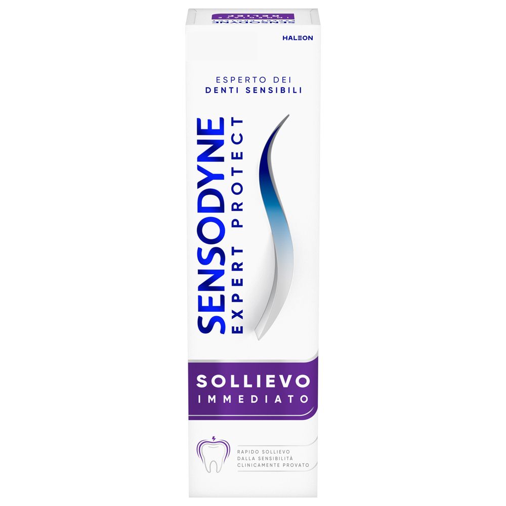 Tubo di dentifricio Sensodyne Expert Protect. Bianco, logo blu e viola. Nome prodotto: Sollievo Immediato. Per denti sensibili.