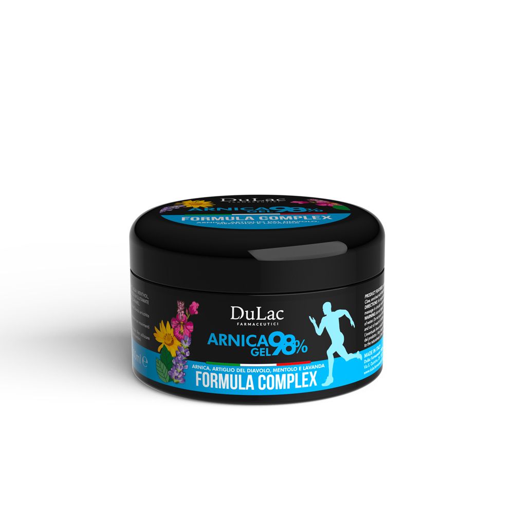 Vaso rotondo nero con coperchio blu. Scritta: DuLac, Arnica Gel 98%, Formula Complex. Immagine di una persona che corre.