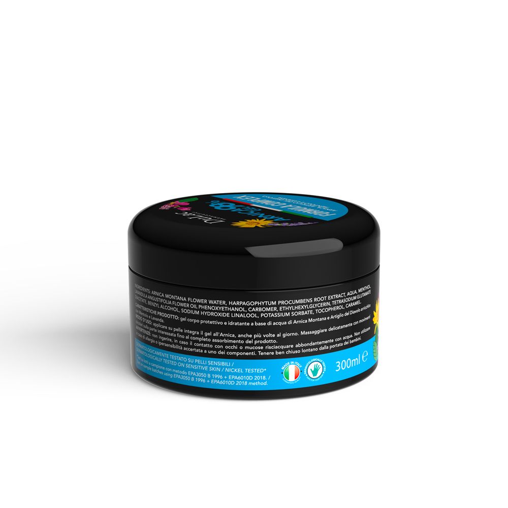 Retro del vaso. Contenitore nero con stampe blu e gialle. Testo con ingredienti e informazioni del produttore.