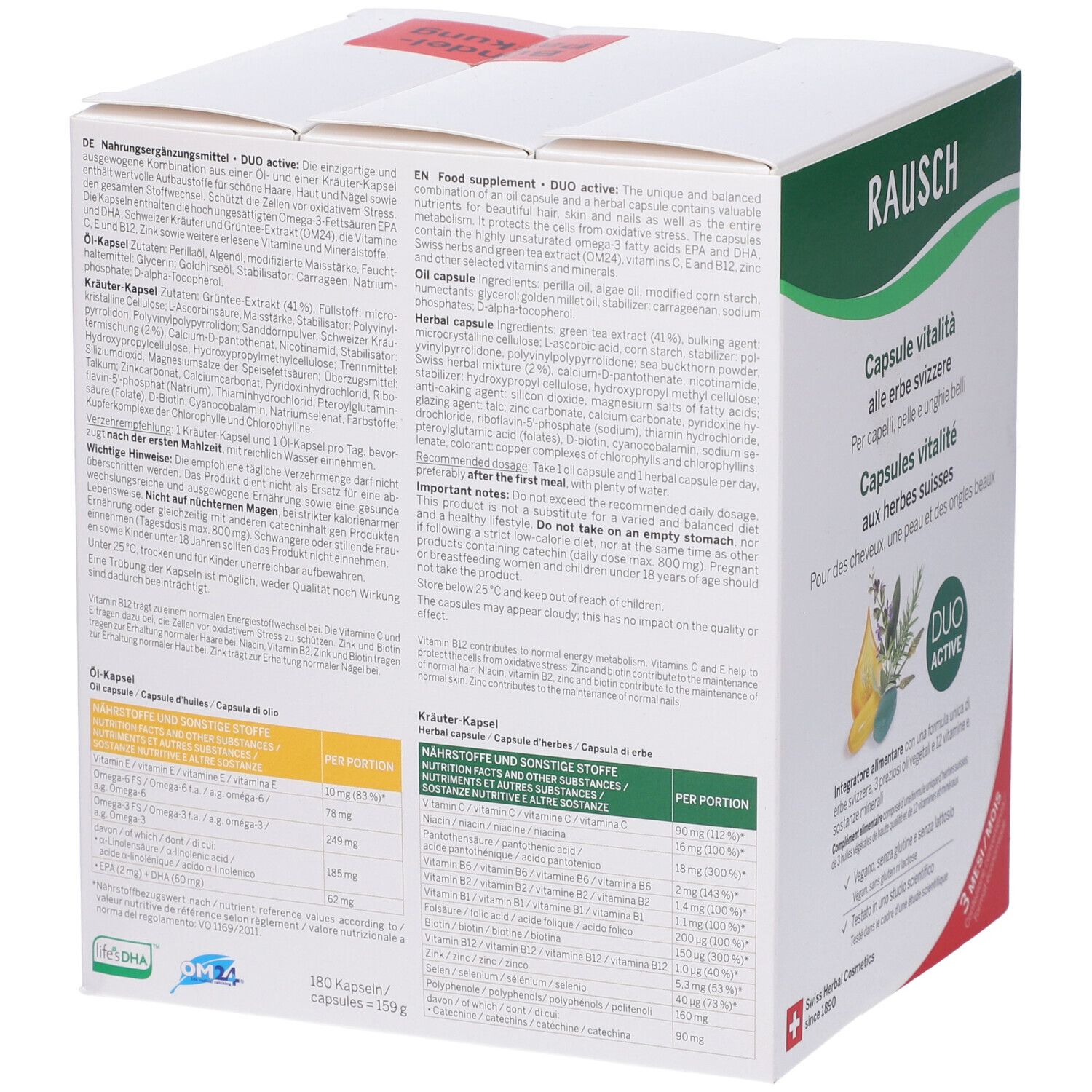 Scatola bianca con accenti verdi. Scritta: Rausch, Capsule vitalità alle erbe svizzere. Logo Duo Active. Testo e ingredienti.