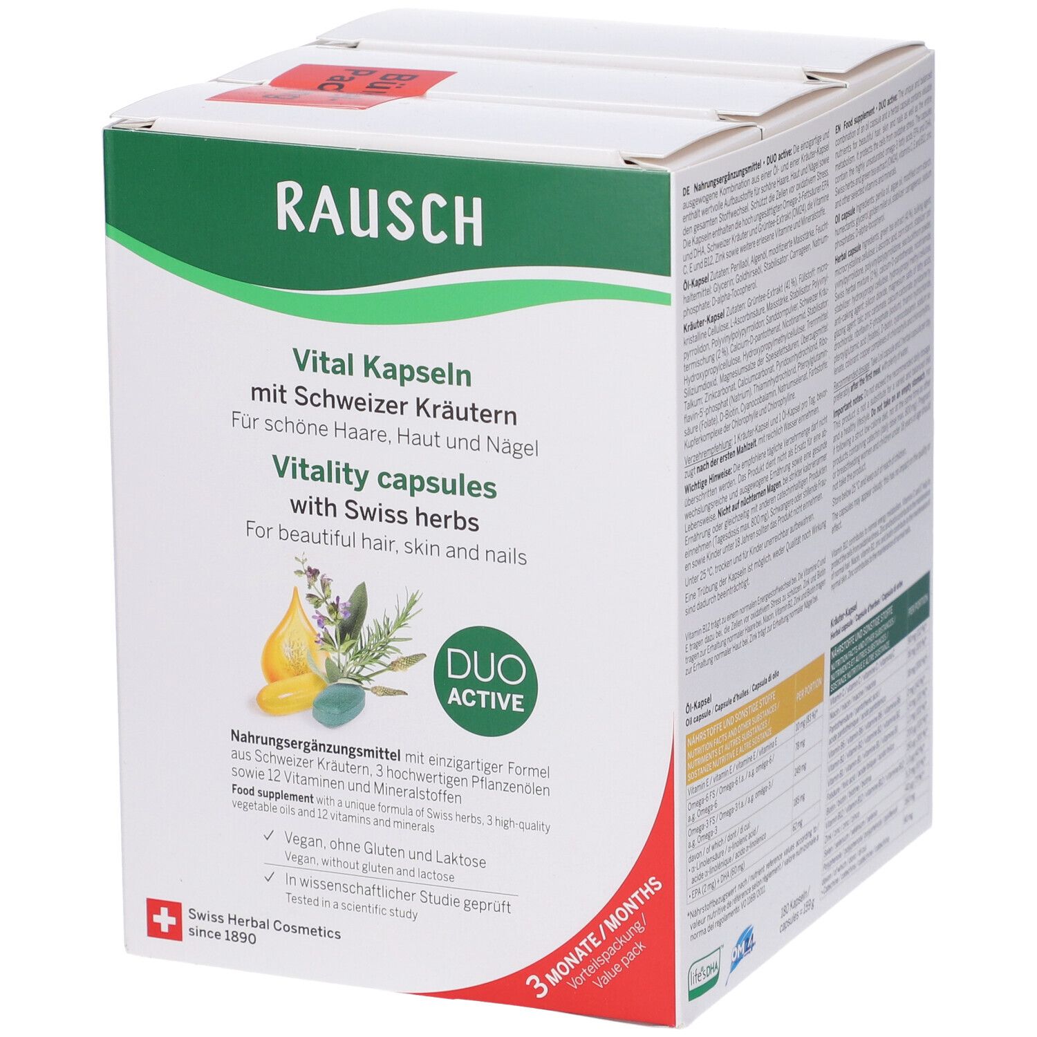 Scatola bianca con accenti verdi. Scritta: Rausch, Vital Kapseln mit Schweizer Kräutern. Logo Duo Active. Confezione da 3 mesi.