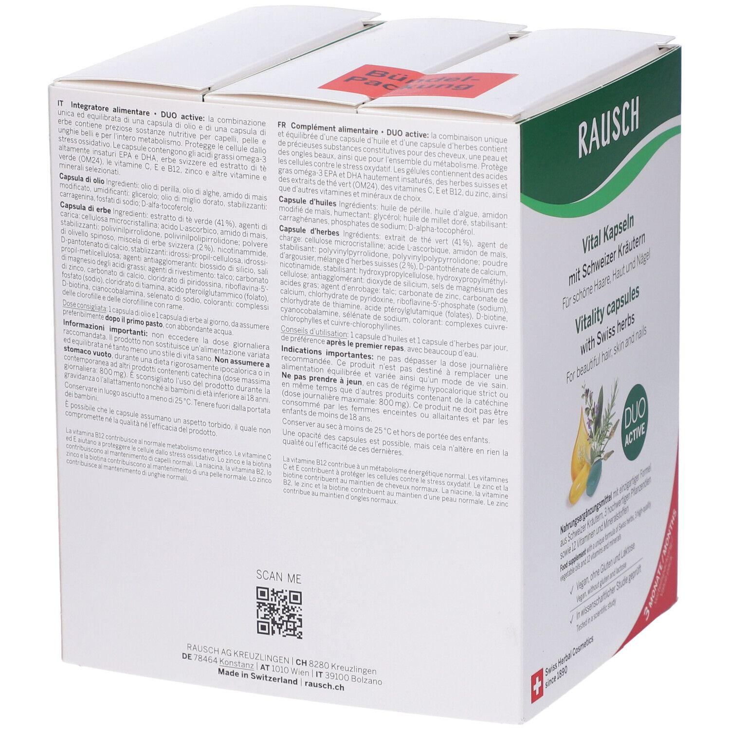 Scatola bianca con accenti verdi. Scritta: Rausch, Vital Kapseln mit Schweizer Kräutern. Logo Duo Active. Testo e ingredienti.
