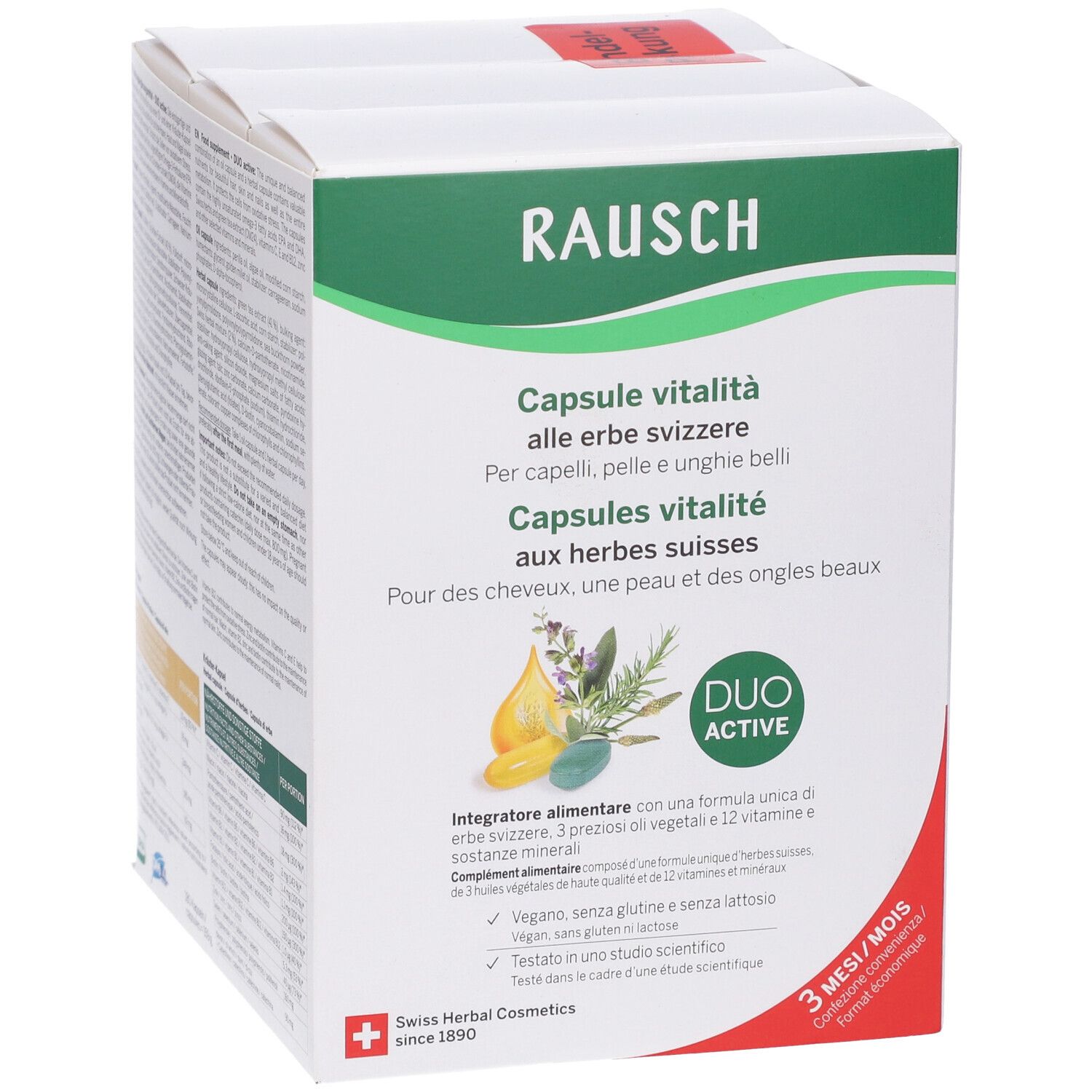 Scatola bianca con accenti verdi. Scritta: Rausch, Capsule vitalità alle erbe svizzere. Logo Duo Active. Confezione da 3 mesi.