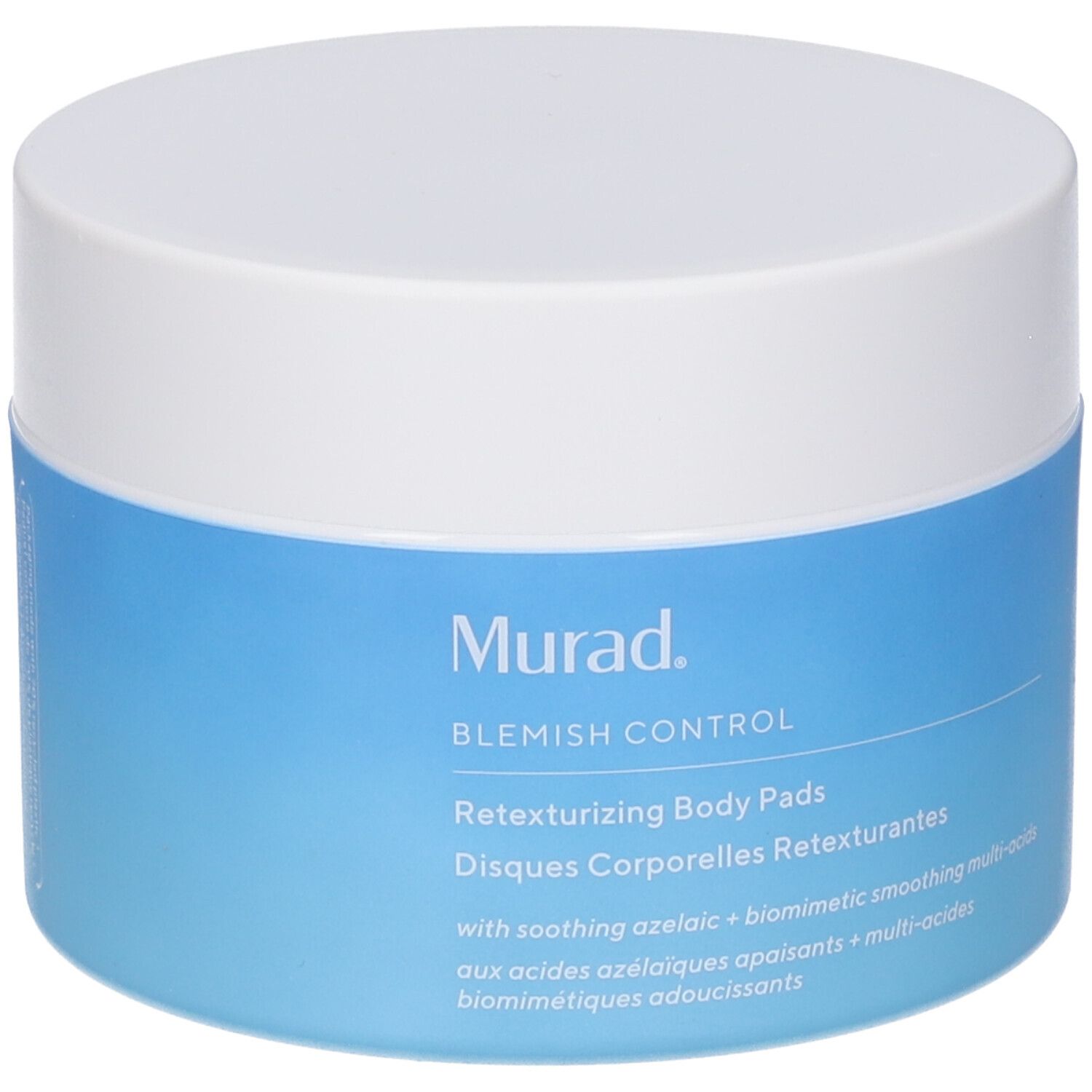 Barattolo blu e bianco Murad. Testo: Retexturizing Body Pads. Vista del prodotto.