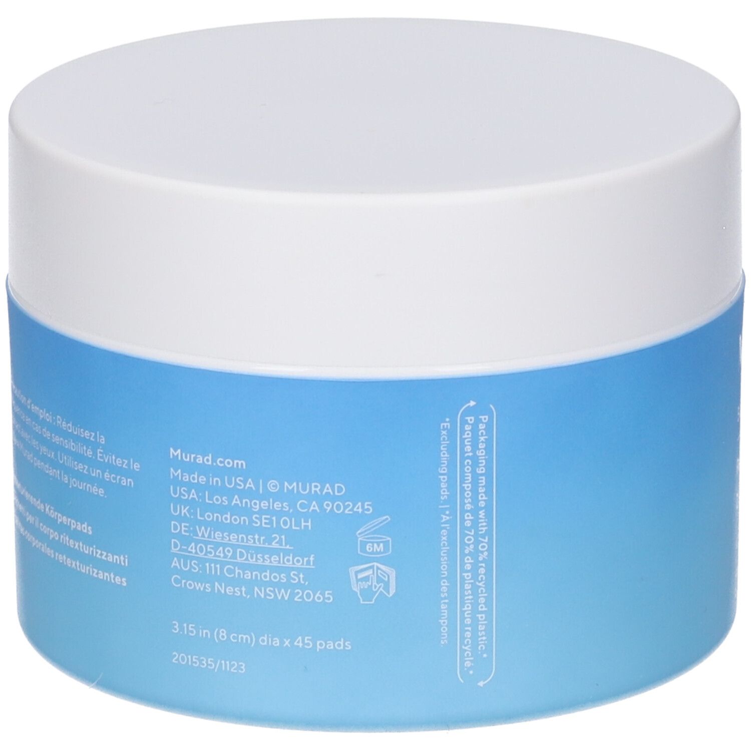 Retro del barattolo Murad. Testo: Istruzioni per l'uso, ingredienti, informazioni produttore.