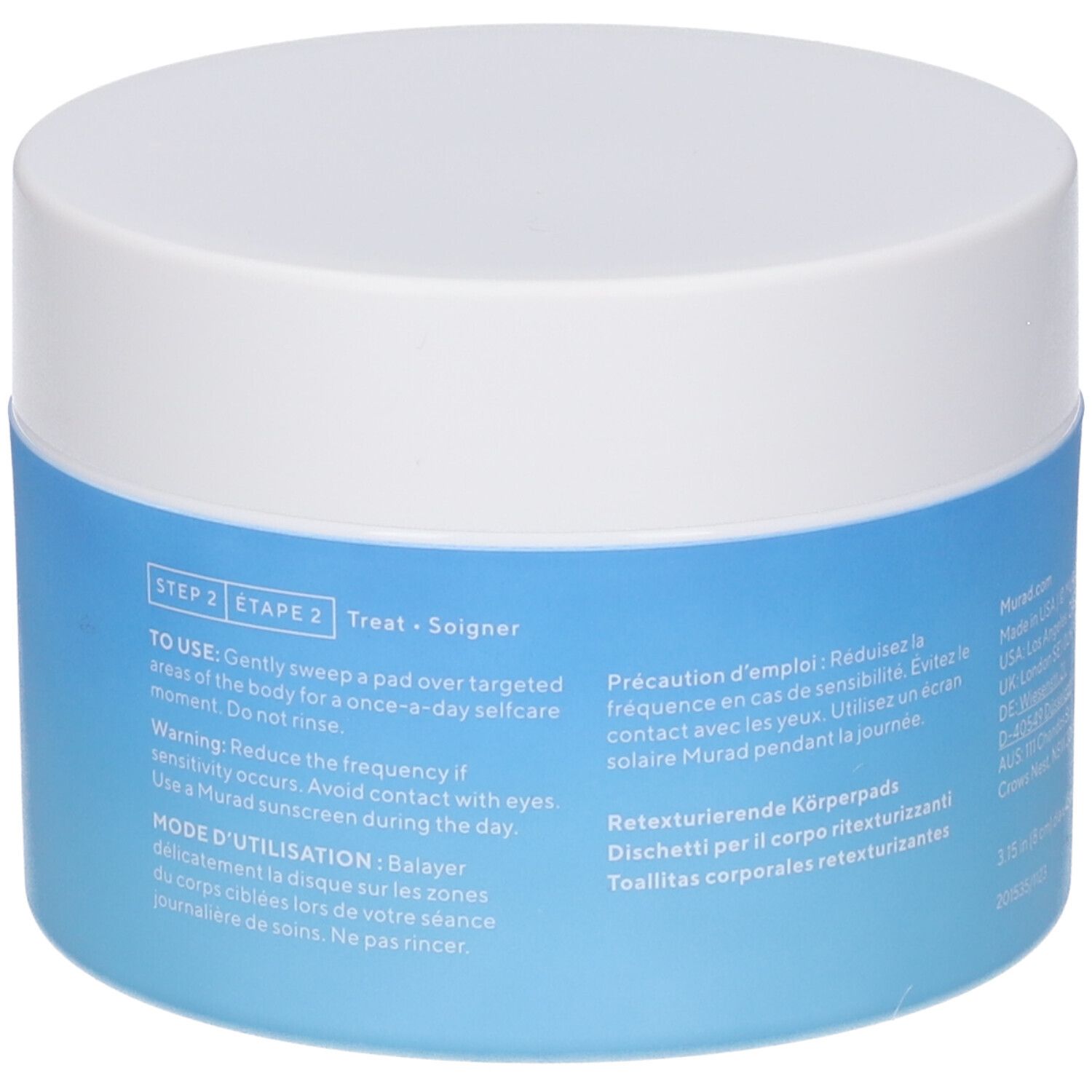 Retro del barattolo Murad. Testo: Istruzioni per l'uso, ingredienti, informazioni produttore.