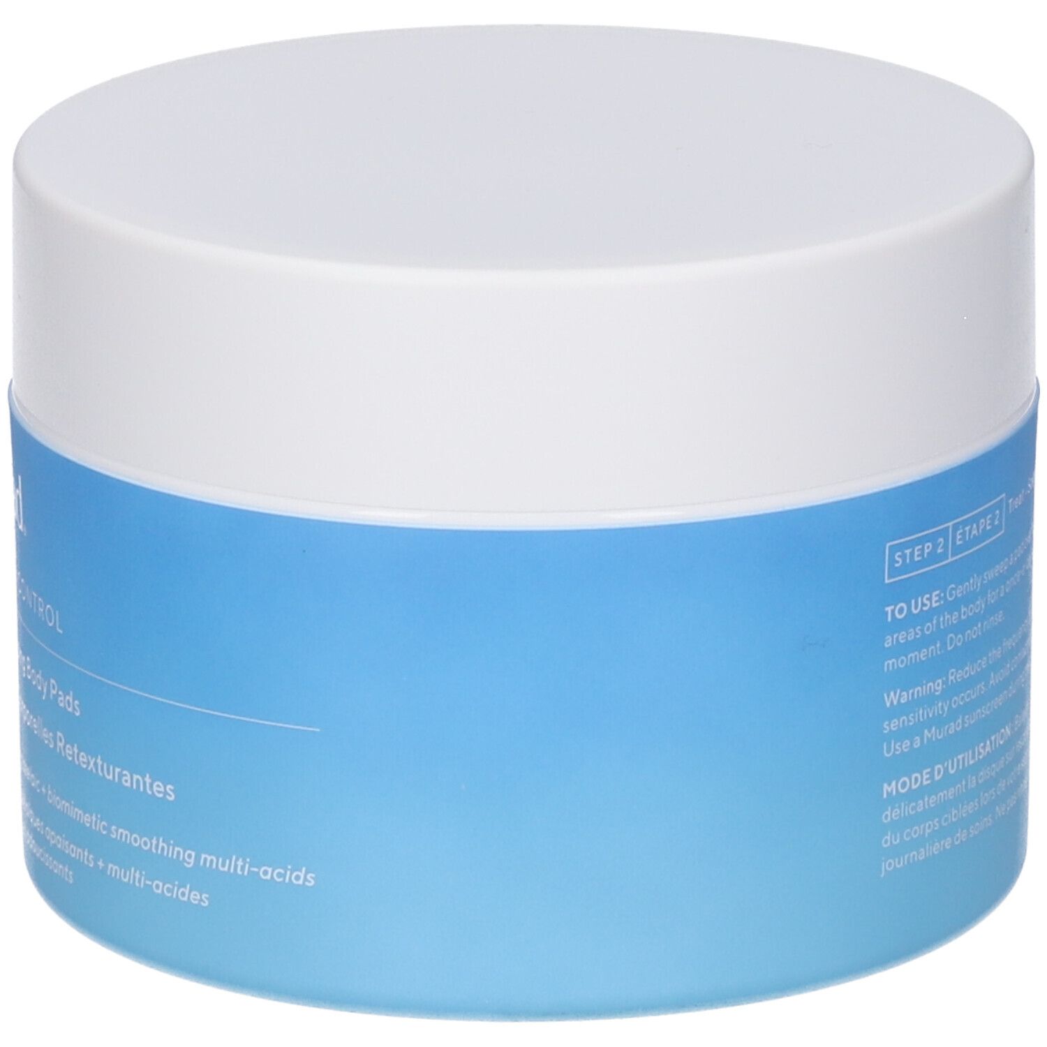 Barattolo blu e bianco Murad. Testo: Retexturizing Body Pads. Vista del prodotto.