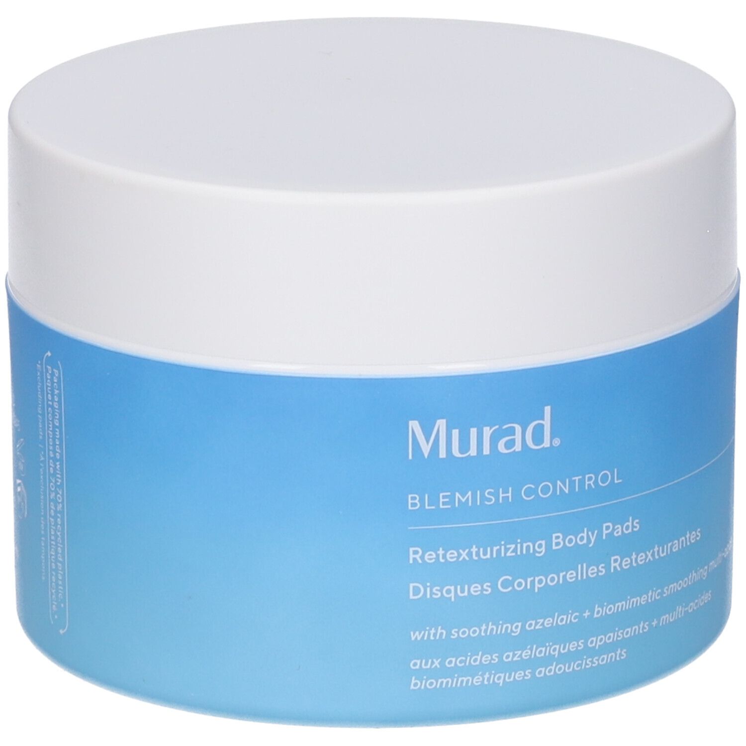 Confezione del prodotto: barattolo e scatola Murad. Testo: Retexturizing Body Pads.