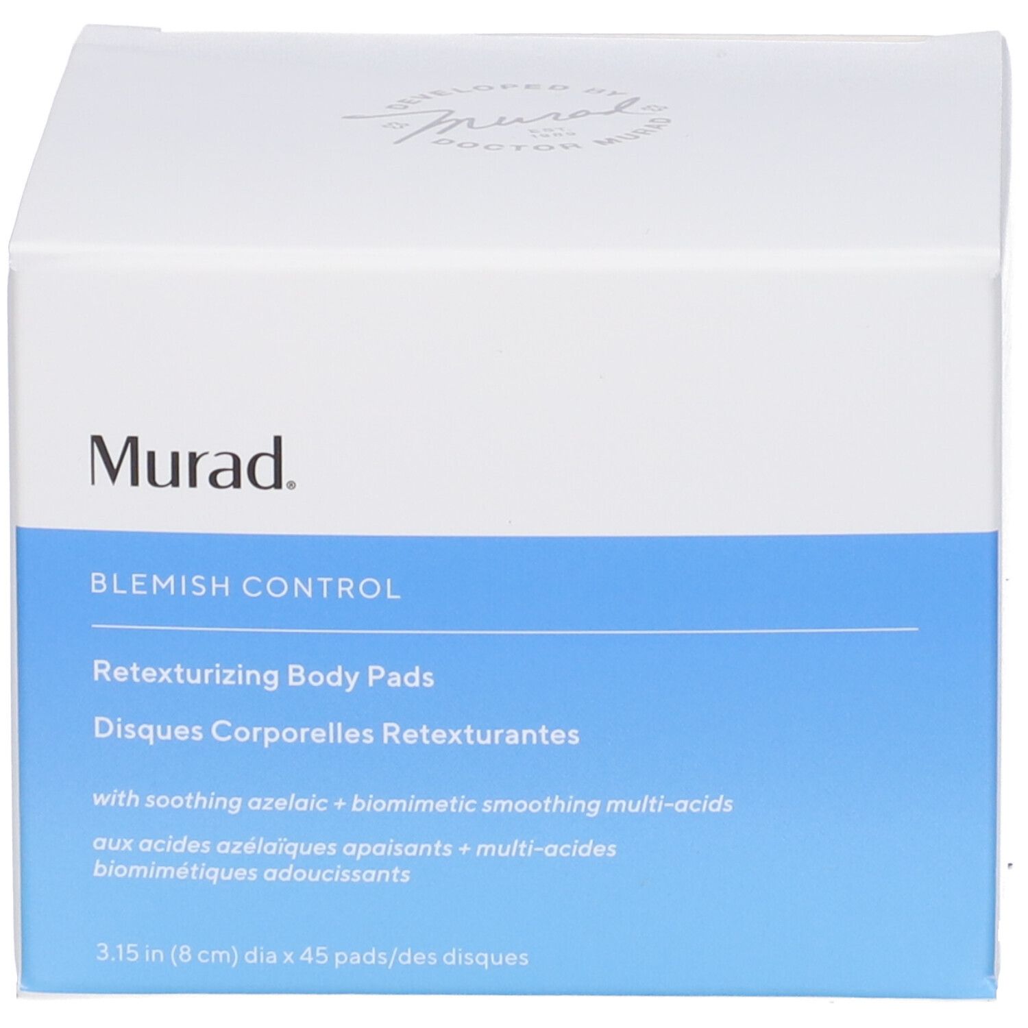 Confezione del prodotto: scatola Murad. Testo: Retexturizing Body Pads.