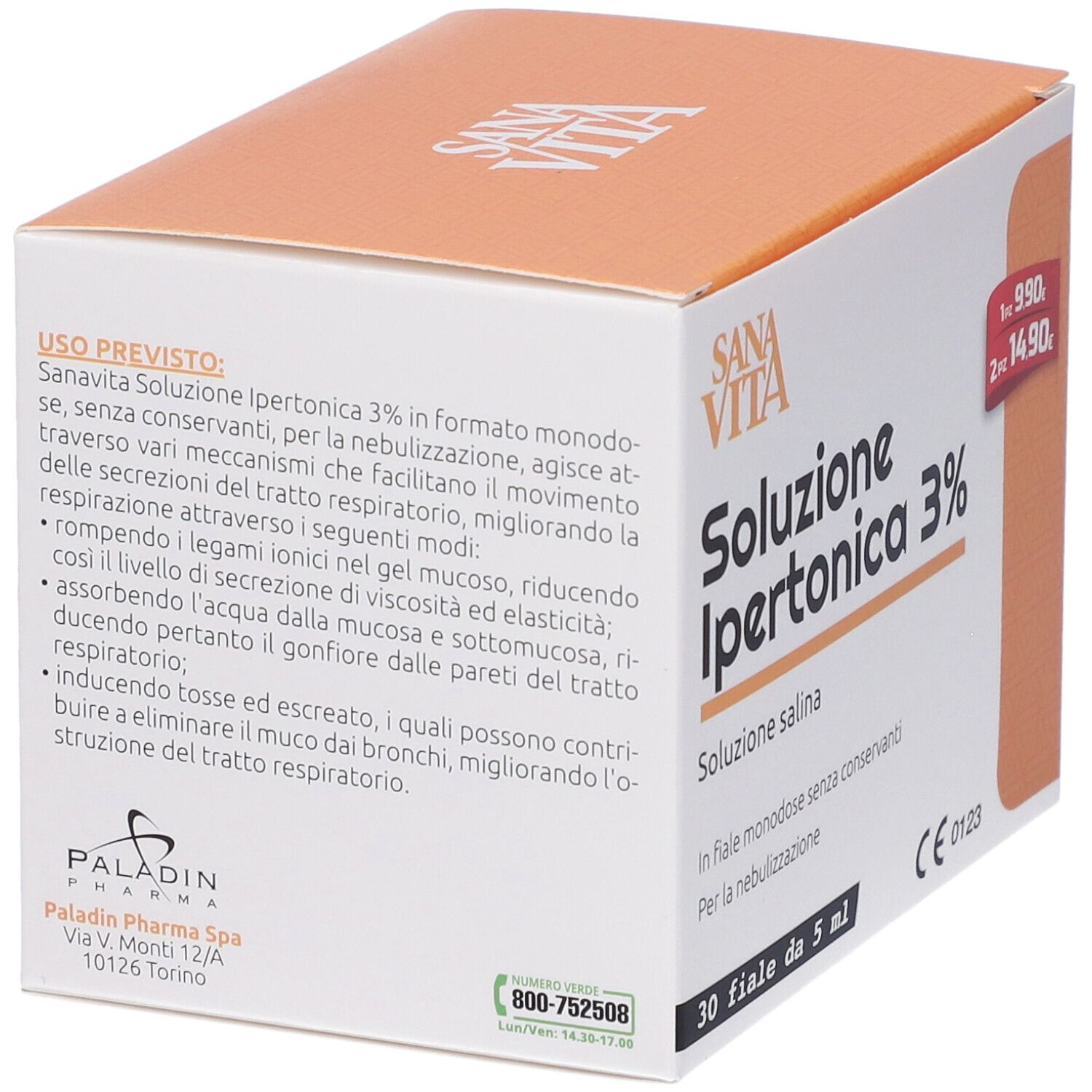 Retro della confezione SanaVita Salimar Soluzione Ipertonica 3% Fiale Monodose. Testo su uso e precauzioni.
