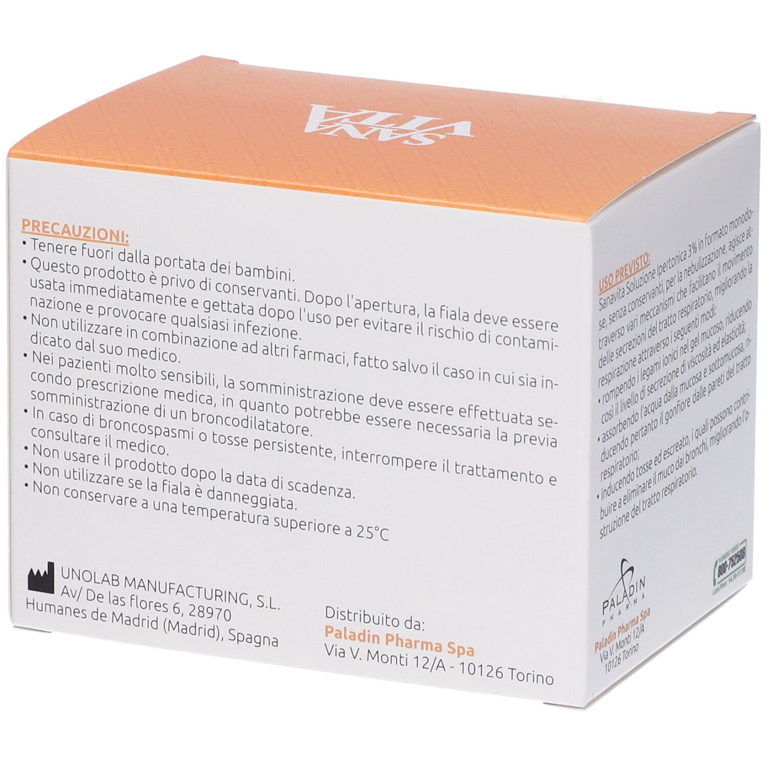 Retro della confezione SanaVita Salimar Soluzione Ipertonica 3% Fiale Monodose. Elenco ingredienti e avvertenze.