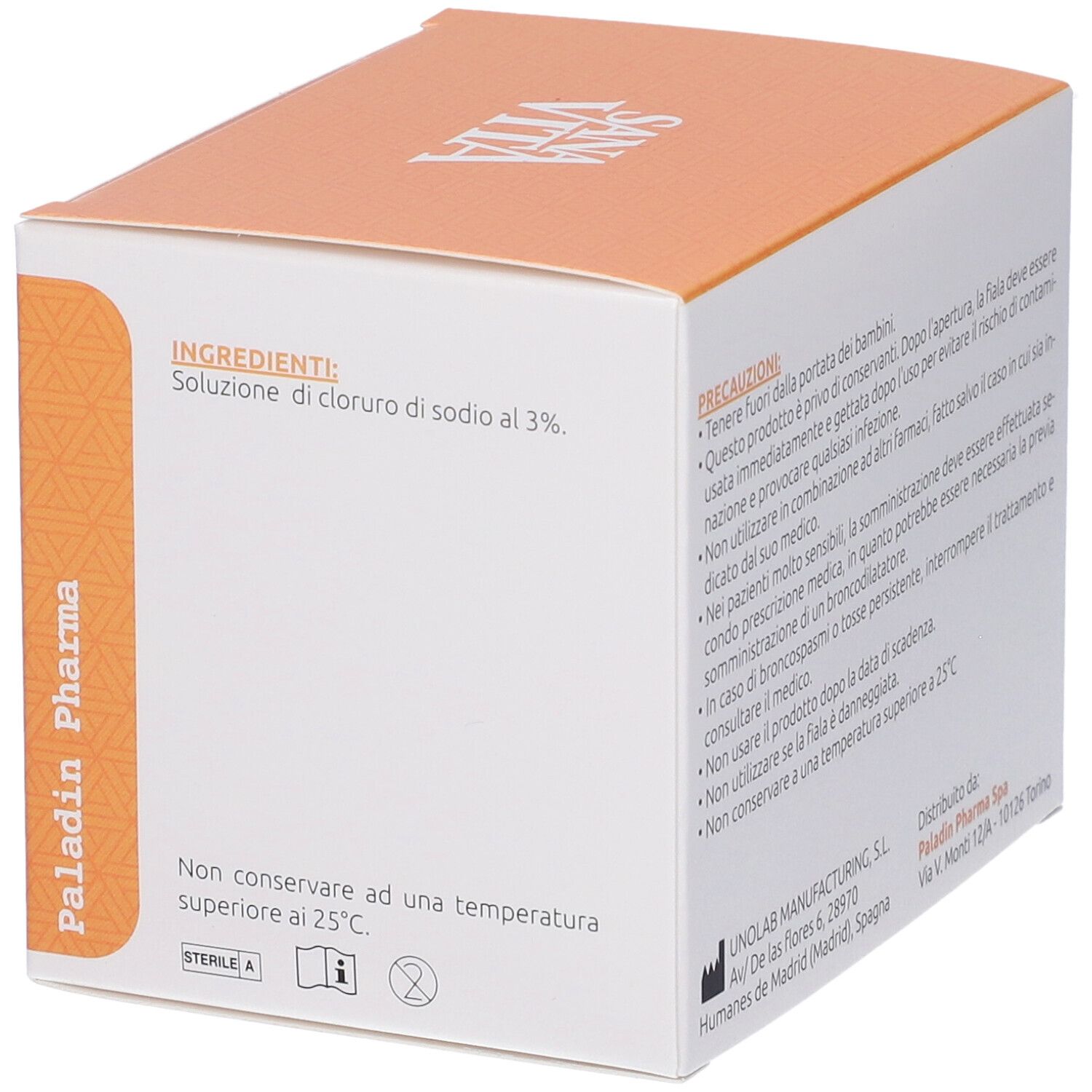 Vista laterale della confezione SanaVita Salimar Soluzione Ipertonica 3% Fiale Monodose. Informazioni e logo.