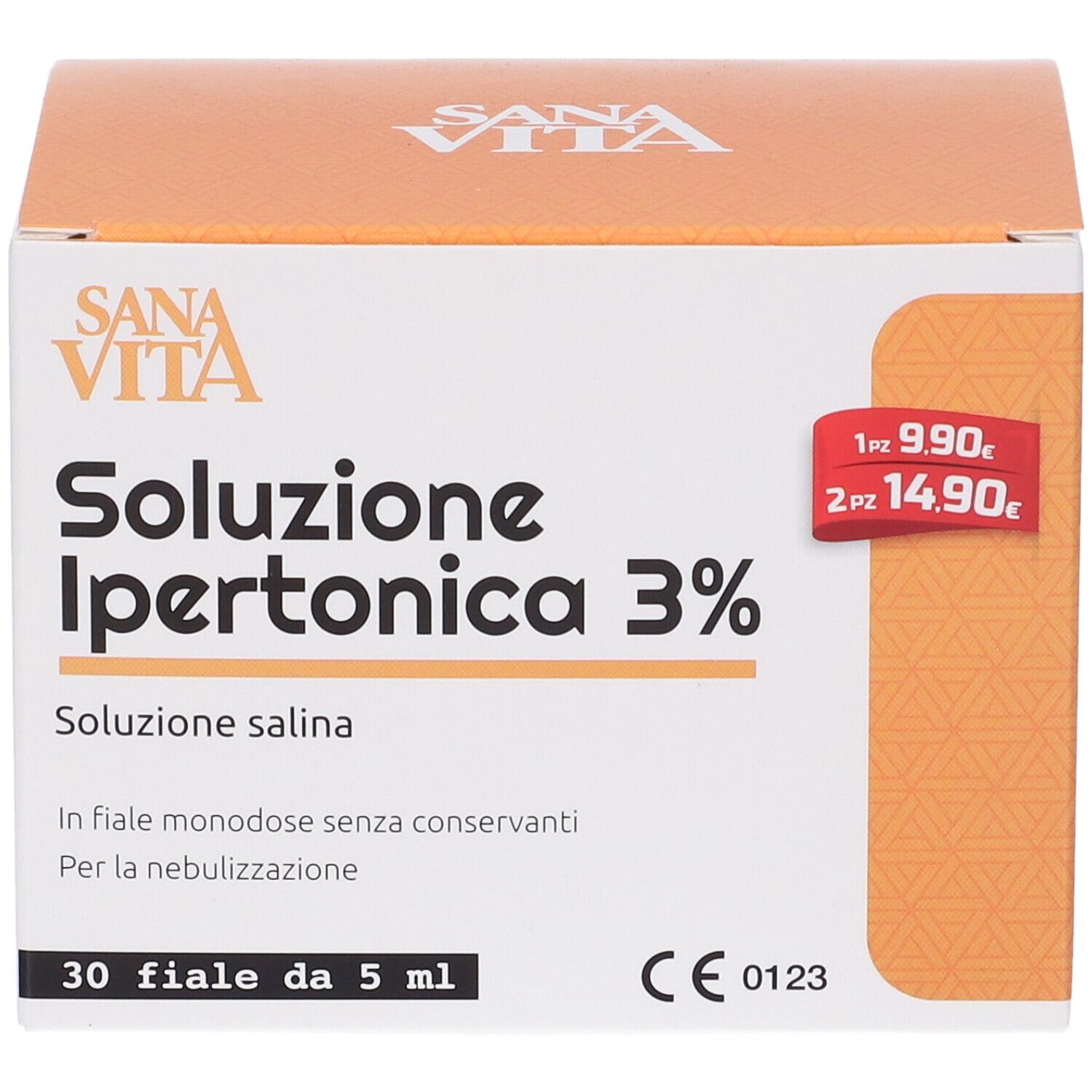 Vista frontale della confezione SanaVita Salimar Soluzione Ipertonica 3% Fiale Monodose. Nome, logo e prezzo.