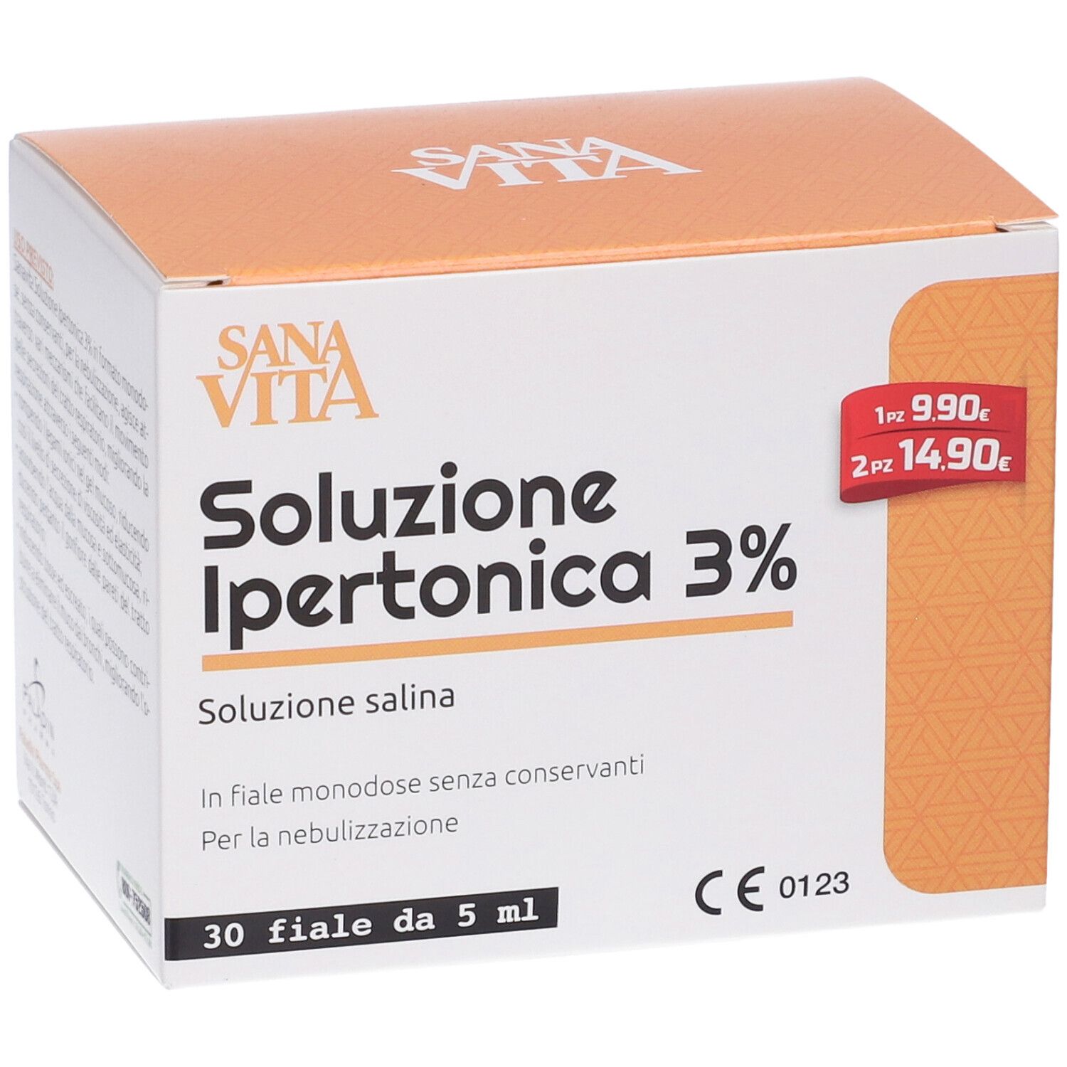 Vista obliqua della confezione SanaVita Salimar Soluzione Ipertonica 3% Fiale Monodose. Nome, logo e prezzo.