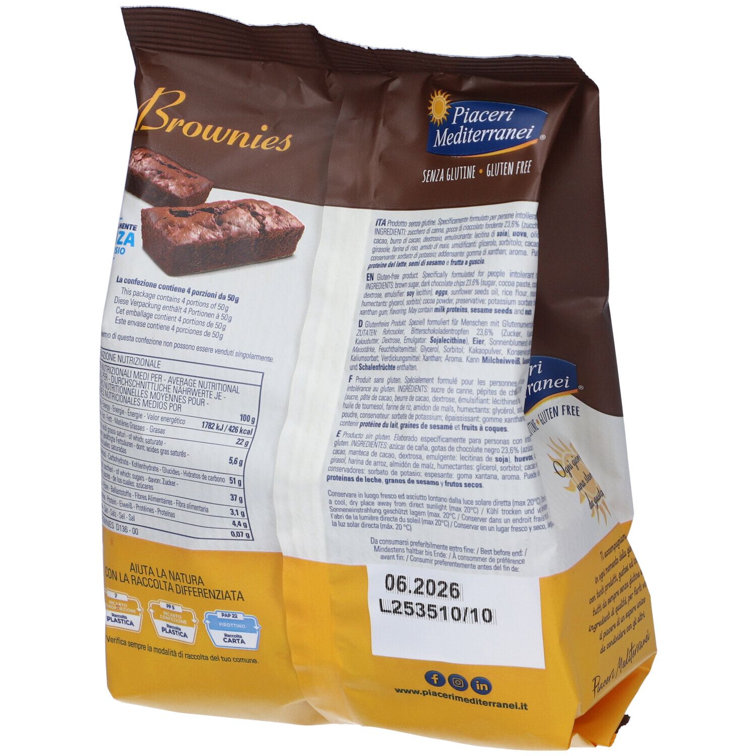 Retro di una miscela per brownies senza glutine Piaceri Mediterranei con informazioni nutrizionali.