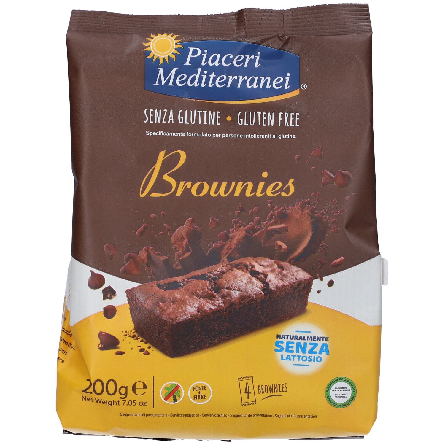 Miscele per brownies senza glutine Piaceri Mediterranei, 200g, con immagine di brownie.