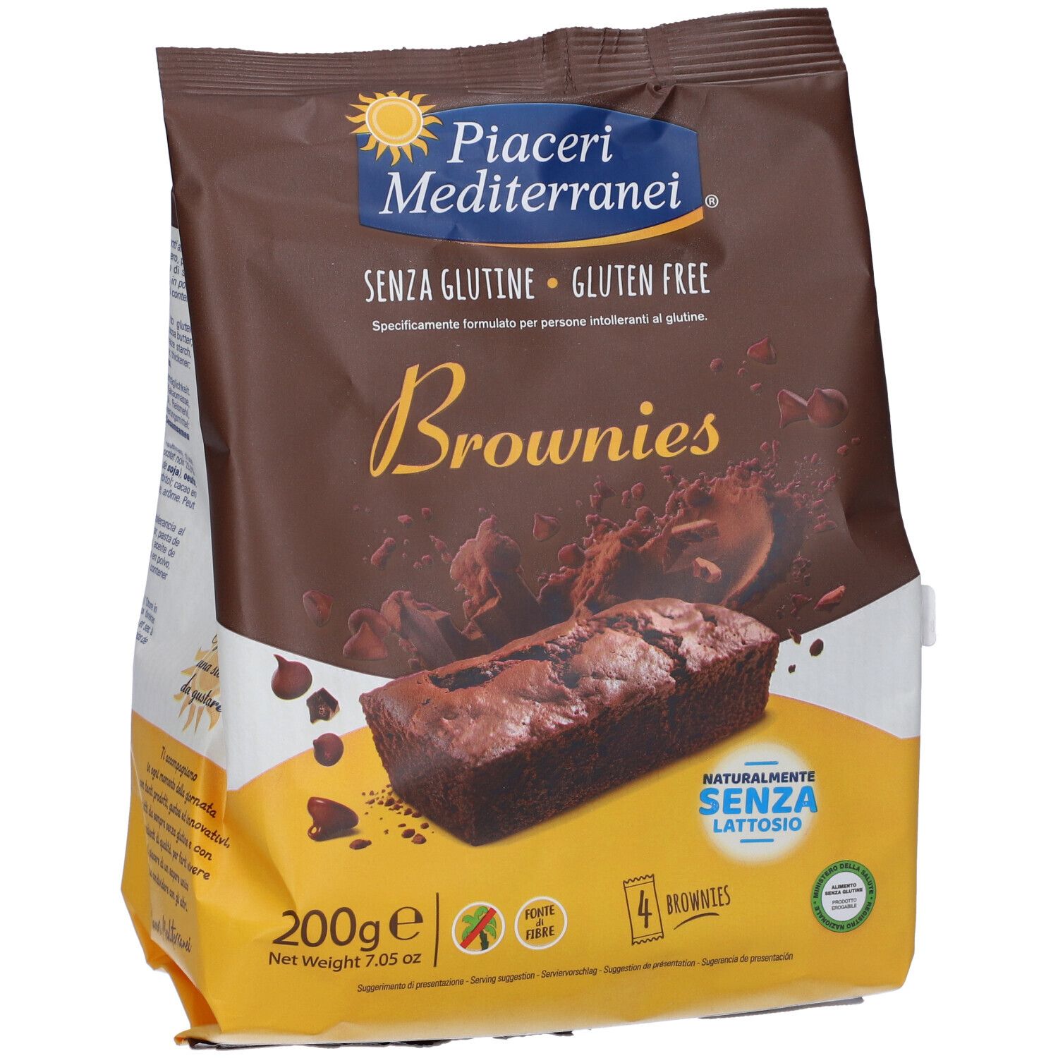 Miscele per brownies senza glutine Piaceri Mediterranei, 200g, etichettato 'Senza Lattosio'.