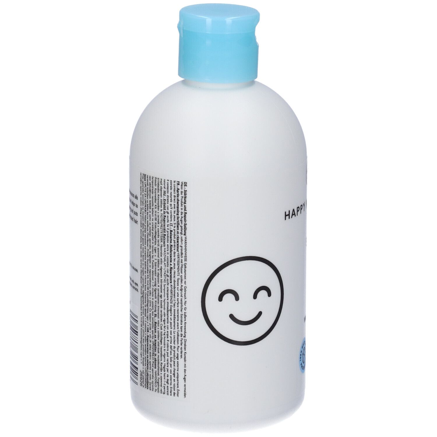 Retro di un flacone bianco con tappo blu. Testo con ingredienti e istruzioni. Logo Happy Naturals con faccina sorridente.