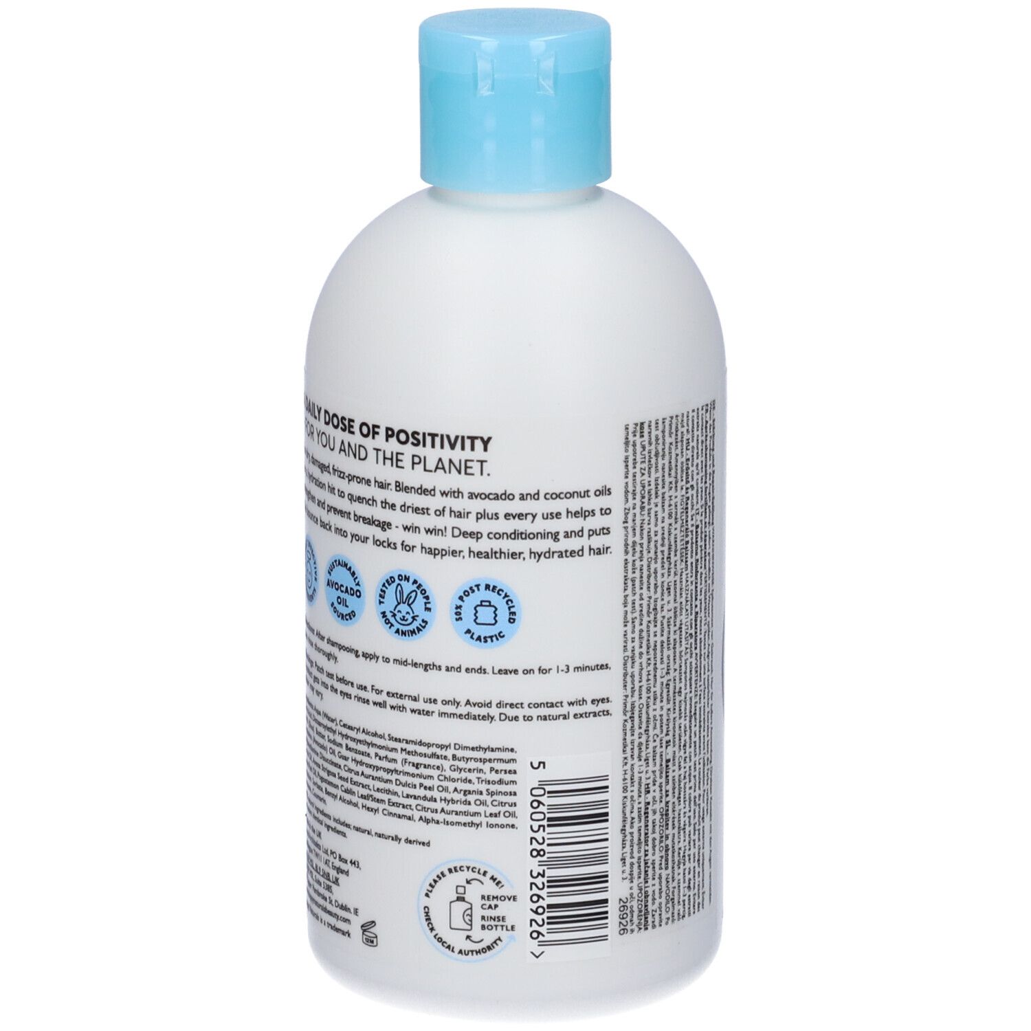 Retro di un flacone bianco con tappo blu. Testo: Daily Dose of Positivity. Logo Happy Naturals. Vegano, olio di avocado, 97% naturale.