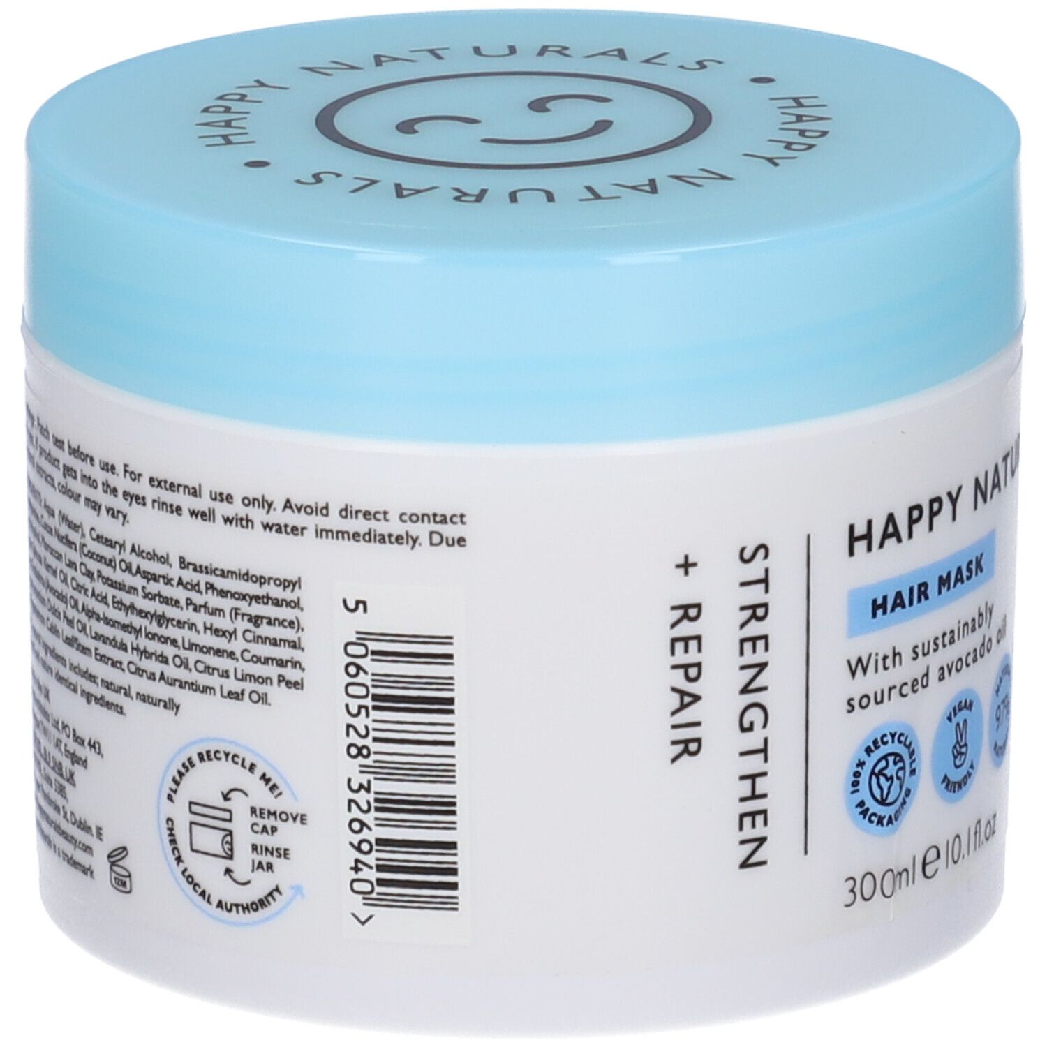 Maschera per capelli Happy Naturals con coperchio azzurro. Scritta: Hair Mask, Strengthen + Repair. Codice a barre e ingredienti. Vegano, 97% naturale.