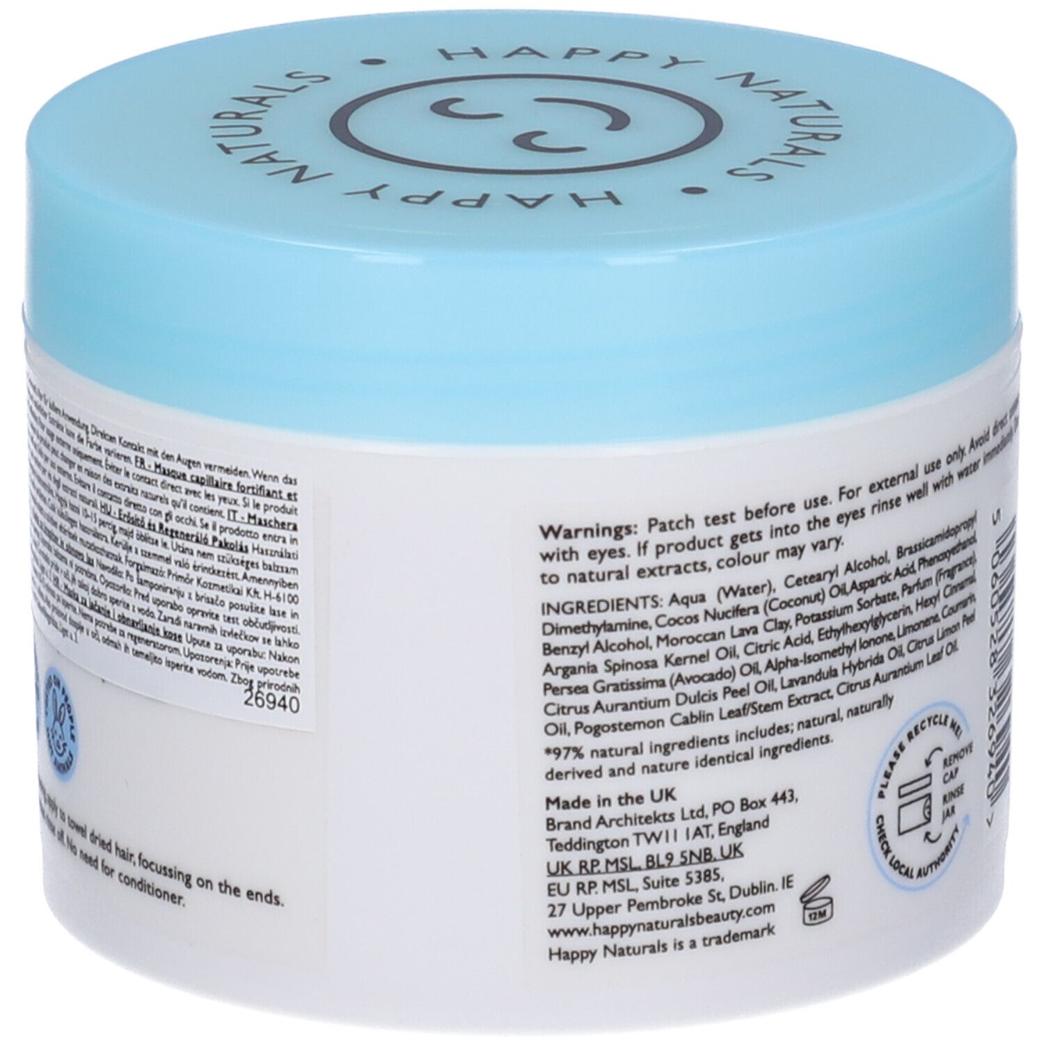 Maschera per capelli Happy Naturals con coperchio azzurro. Scritta: Hair Mask, Strengthen + Repair. Ingredienti e avvertenze. Vegano, 97% naturale.