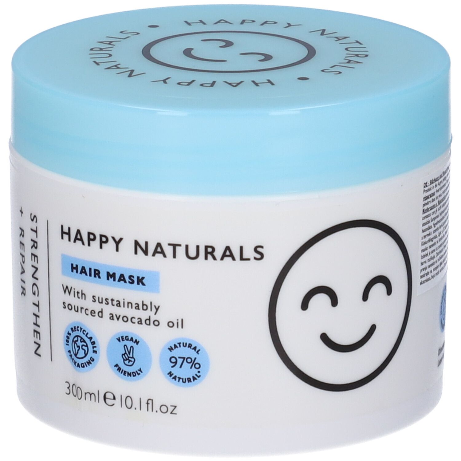 Maschera per capelli Happy Naturals con coperchio azzurro. Scritta: Hair Mask, Strengthen + Repair. Vegano, 97% naturale. Con olio di avocado.