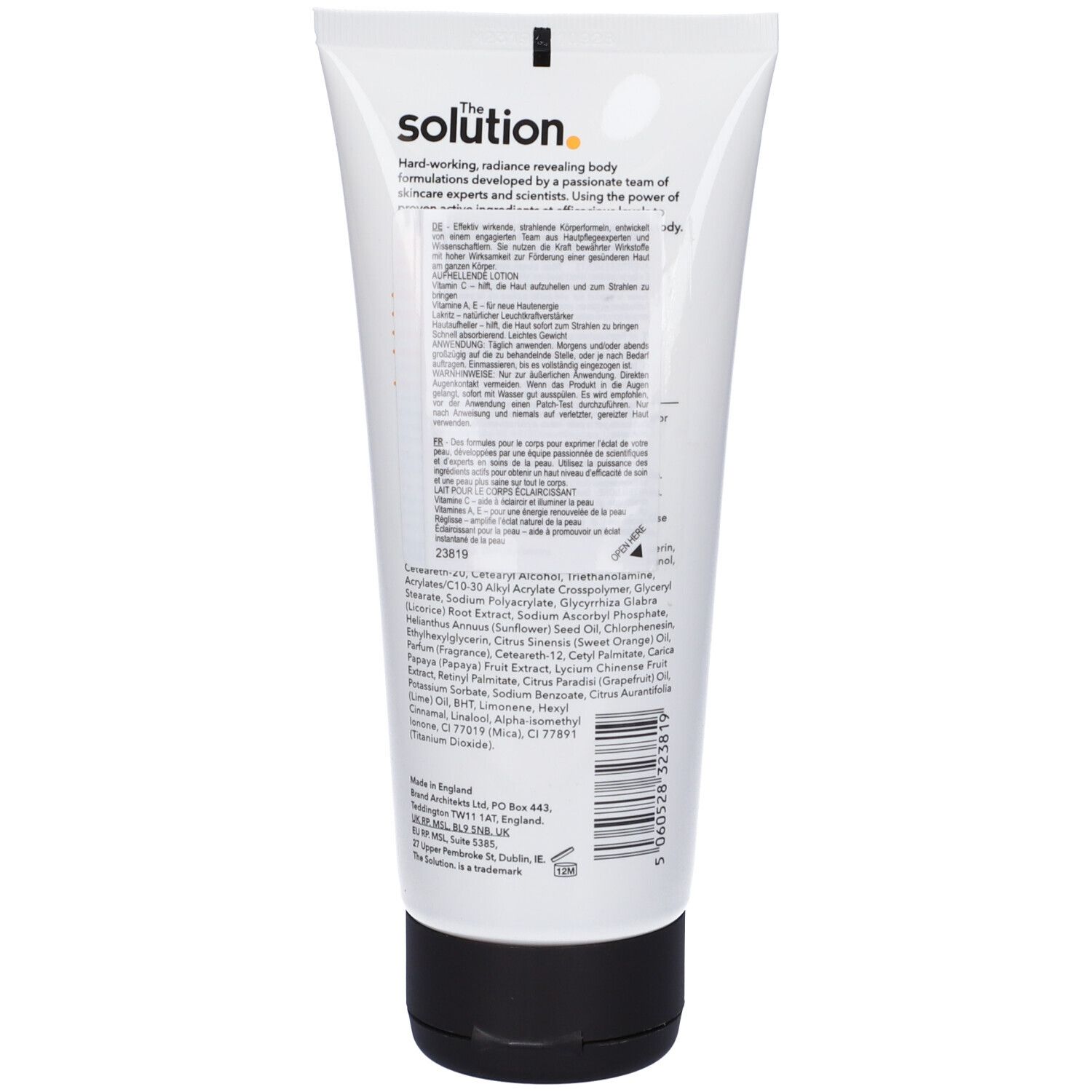 Retro del tubo bianco con tappo nero. Testo multilingue. Ingredienti e informazioni del produttore.