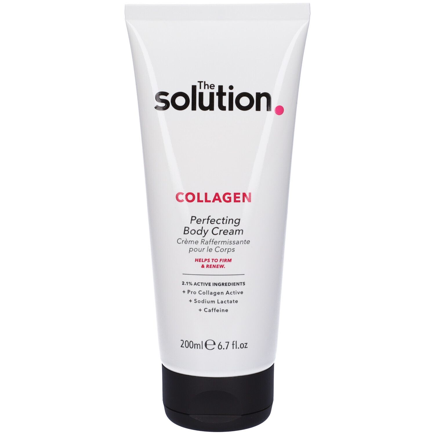 Tubo bianco con tappo nero. Scritta: The Solution, Collagen Perfecting Body Cream. 200ml.