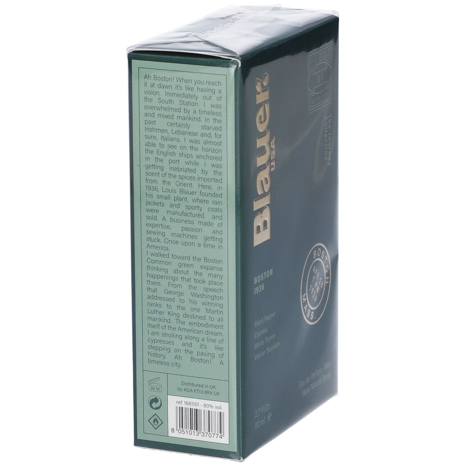 Blauer USA Boston 1936 Eau de Parfum. Confezione verde con testo. Contiene informazioni sul prodotto.