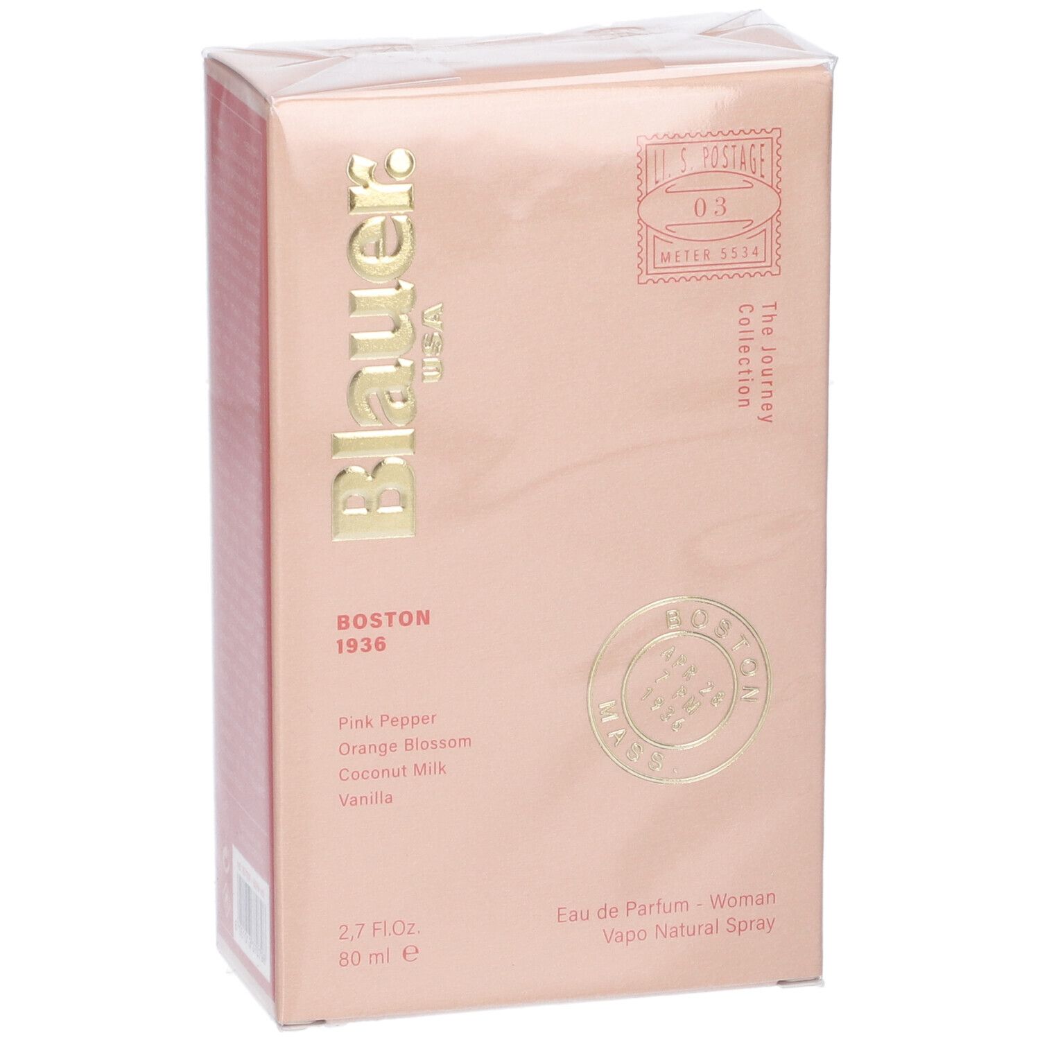 Vista frontale della confezione del profumo Blauer USA Boston 1936. Scatola rosa con nome del prodotto e ingredienti. 80 ml.