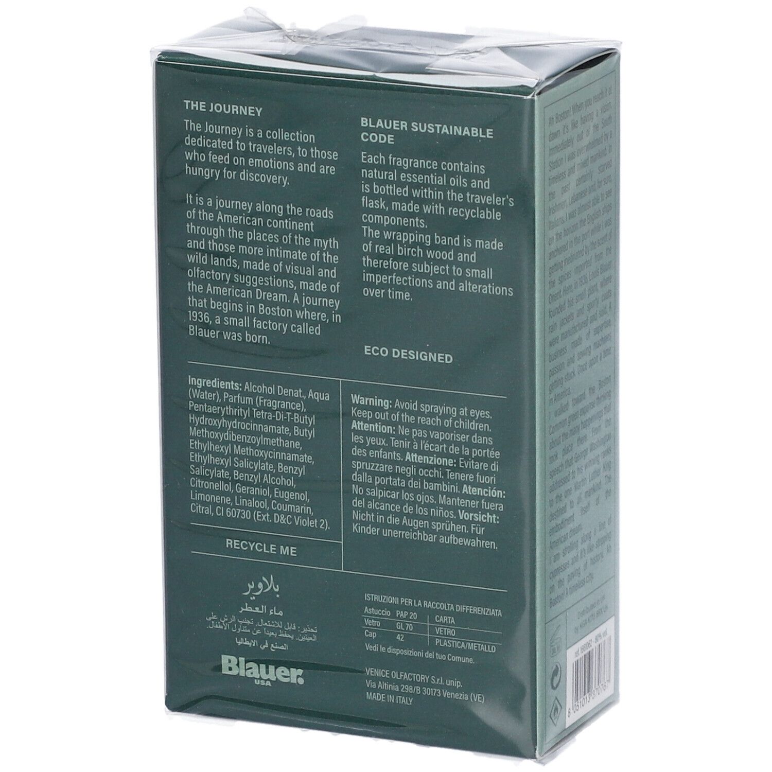 Retro della scatola verde scuro. Testo in bianco. Contiene informazioni sugli ingredienti, la sostenibilità e le avvertenze.