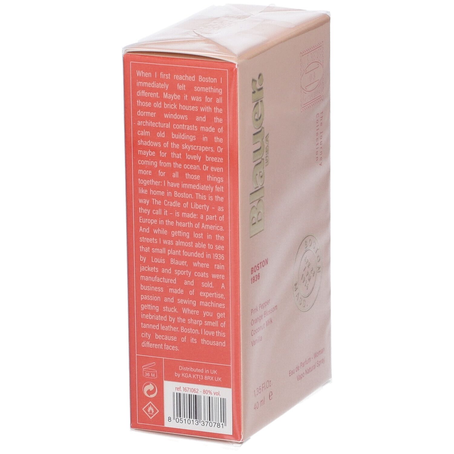 Confezione rosa con testo. Contiene profumi. Scritta: Blauer USA, Boston 1936, 40 ml. Retro con testo.