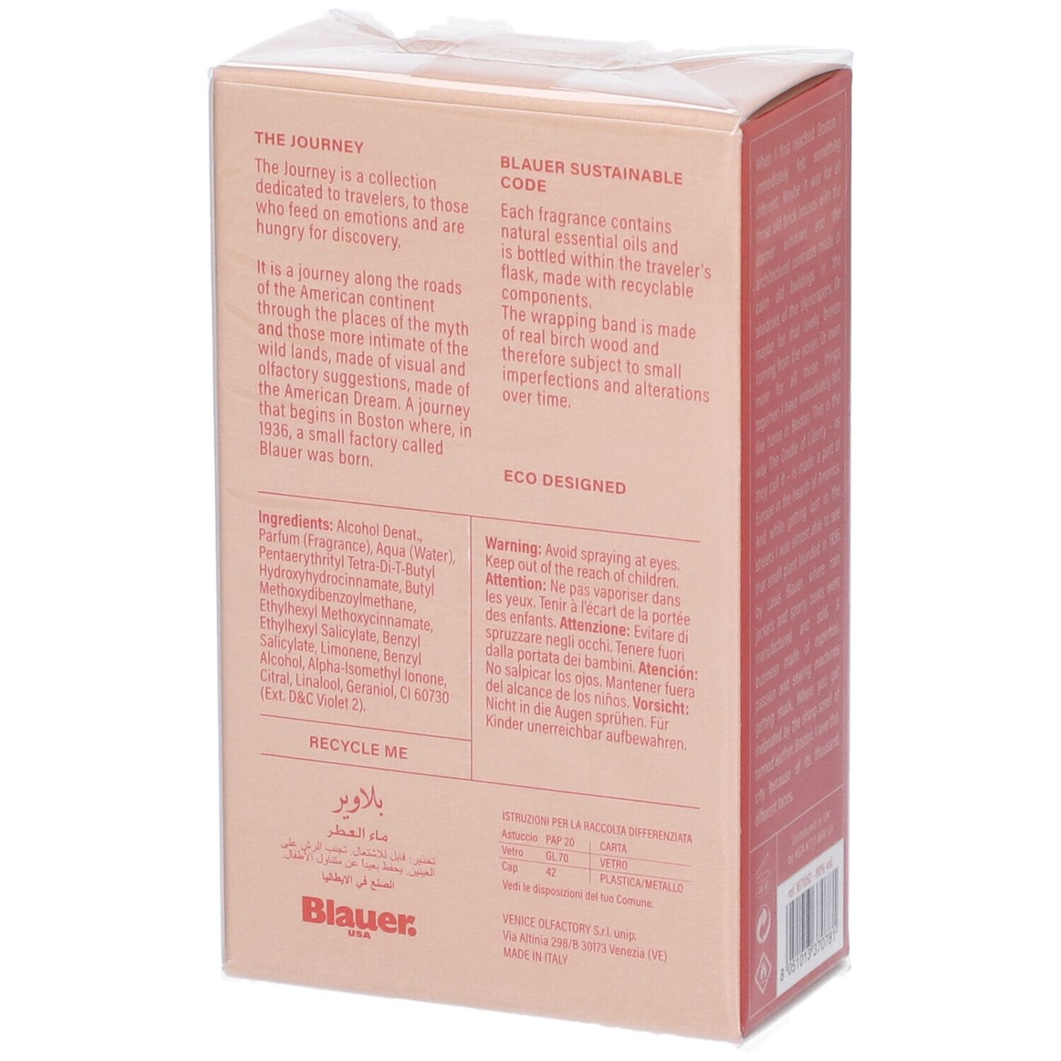 Confezione rosa con testo. Contiene profumi. Scritta: Blauer USA, Boston 1936, 40 ml. Retro con testo.
