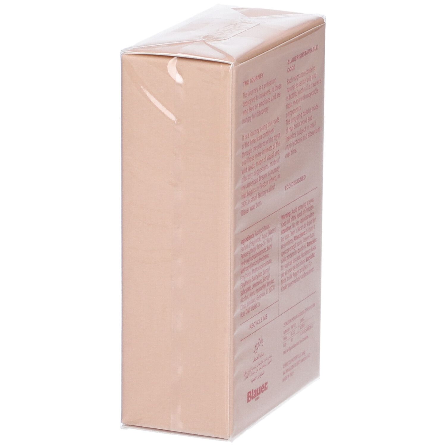 Confezione rosa con testo. Contiene profumi. Scritta: Blauer USA, Boston 1936, 40 ml. Retro con testo.