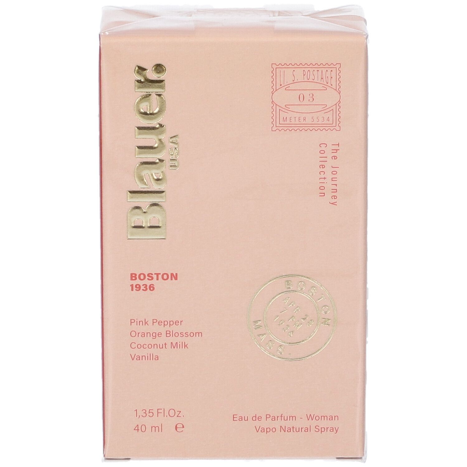 Confezione rosa con testo dorato. Contiene profumi. Scritta: Blauer USA, Boston 1936, 40 ml.