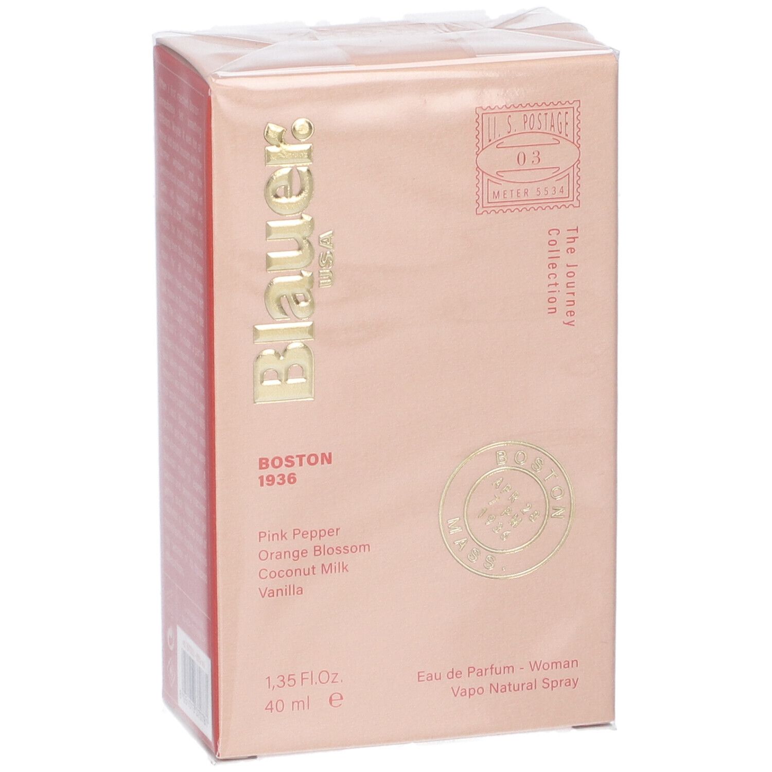 Confezione rosa con testo dorato. Contiene profumi. Scritta: Blauer USA, Boston 1936, 40 ml.