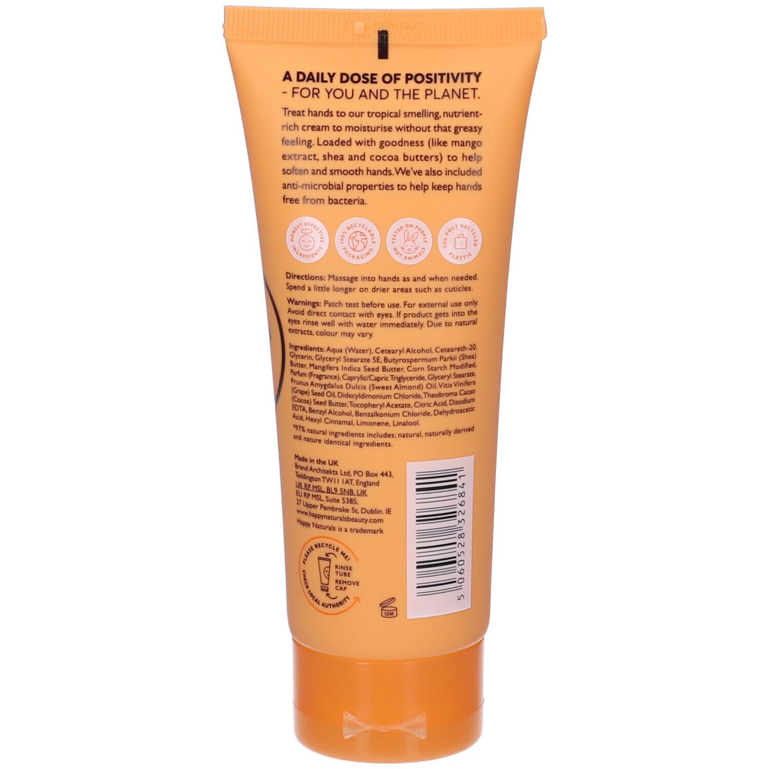 Retro del tubo. Testo con ingredienti e istruzioni. Tappo arancione.