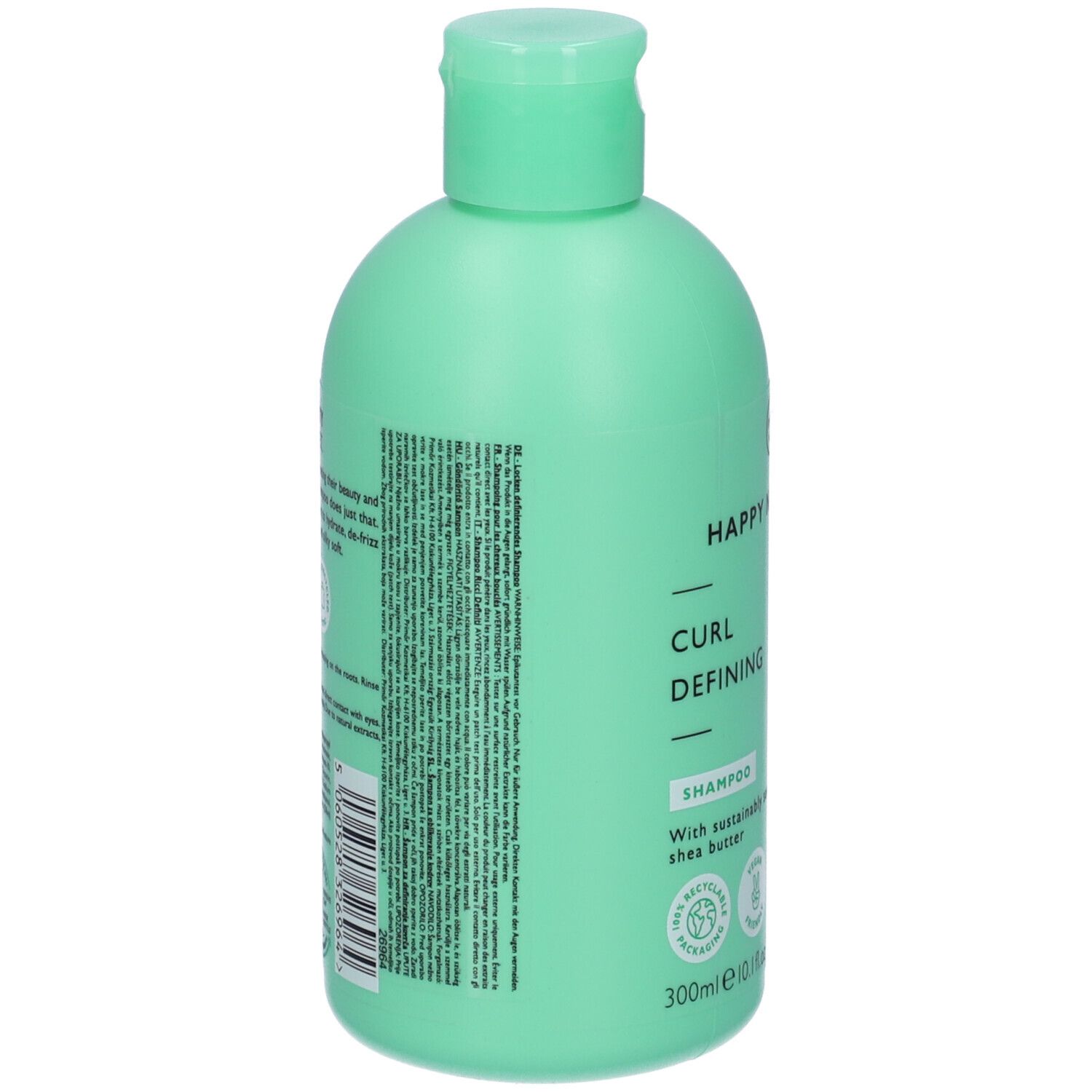 Flacone di shampoo verde chiaro. Testo e loghi sul retro. Codice a barre e informazioni.